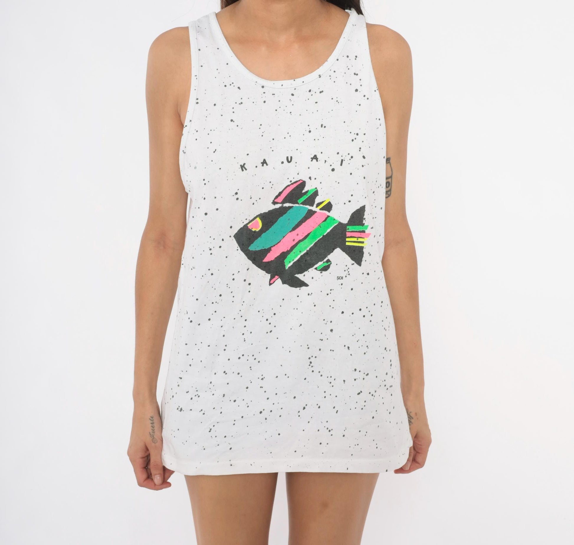 90s Oneita Kauai Fish Tank Top White Splatter Paint Neon Graphic Cotton Large L