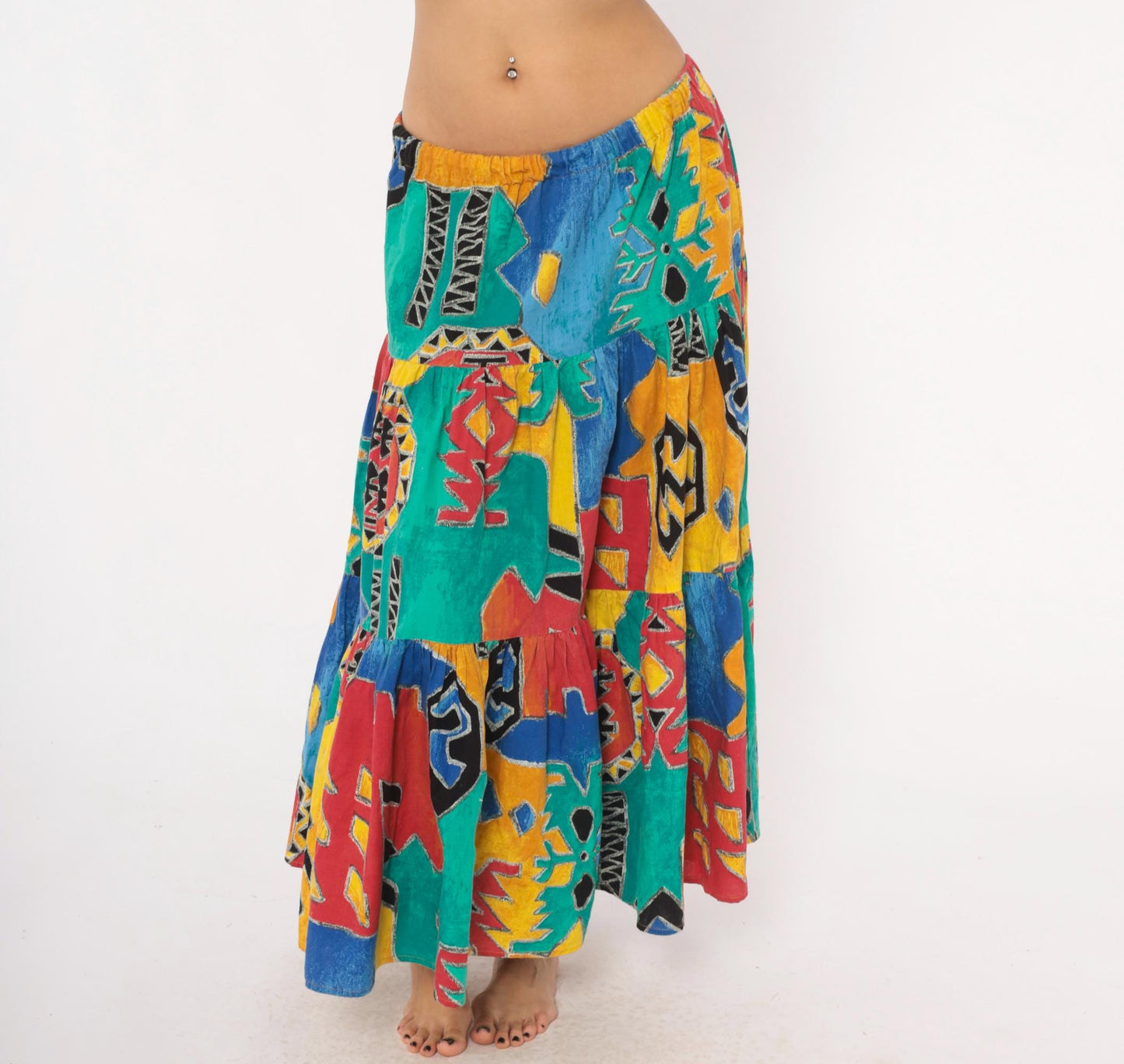 90s Tribal Print Maxi Skirt Teal Red Yellow Blue Tiered Cotton One Size