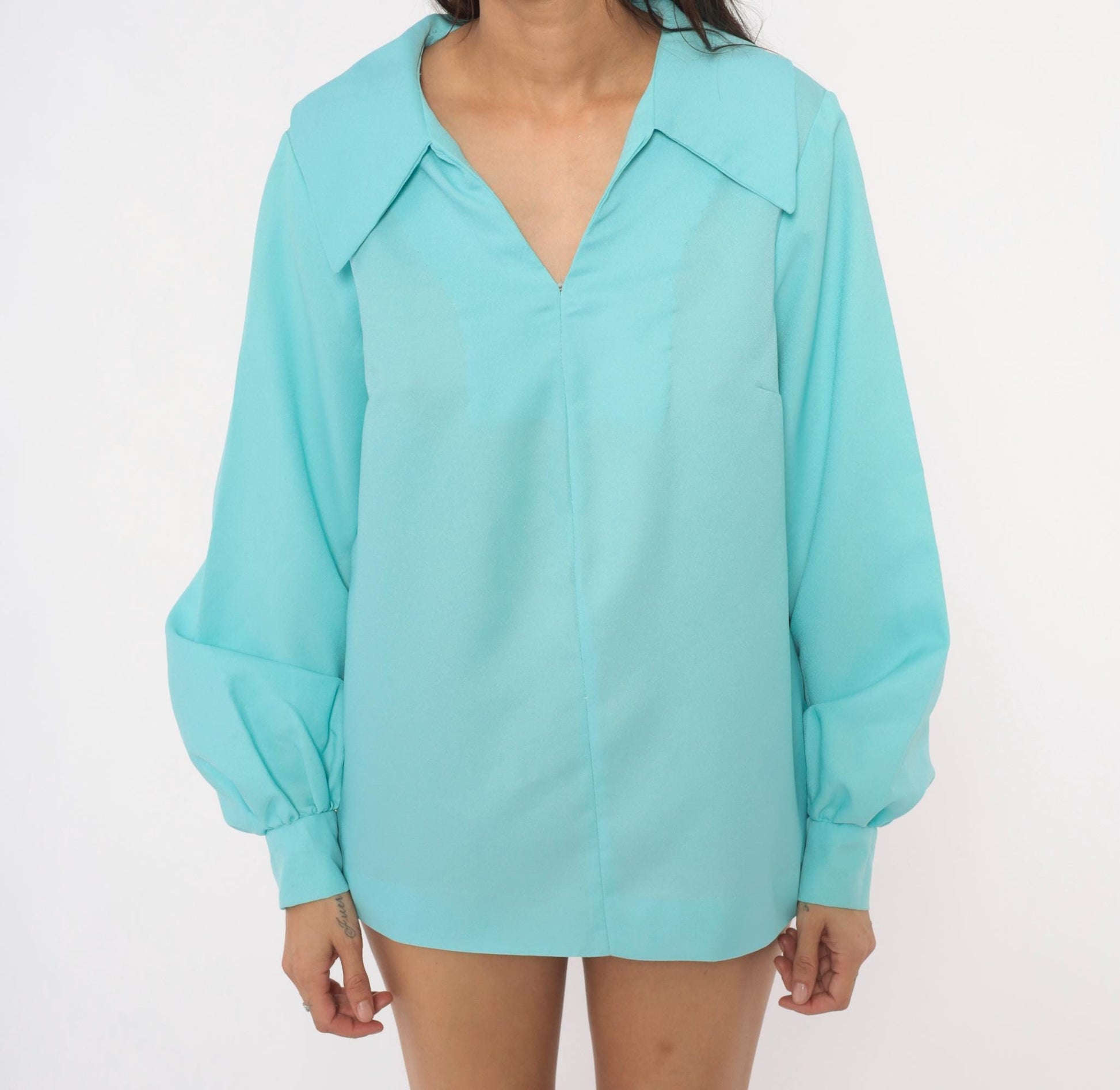 70s Aqua Pullover Blouse V Neck Bishop Sleeve Tunic Large L