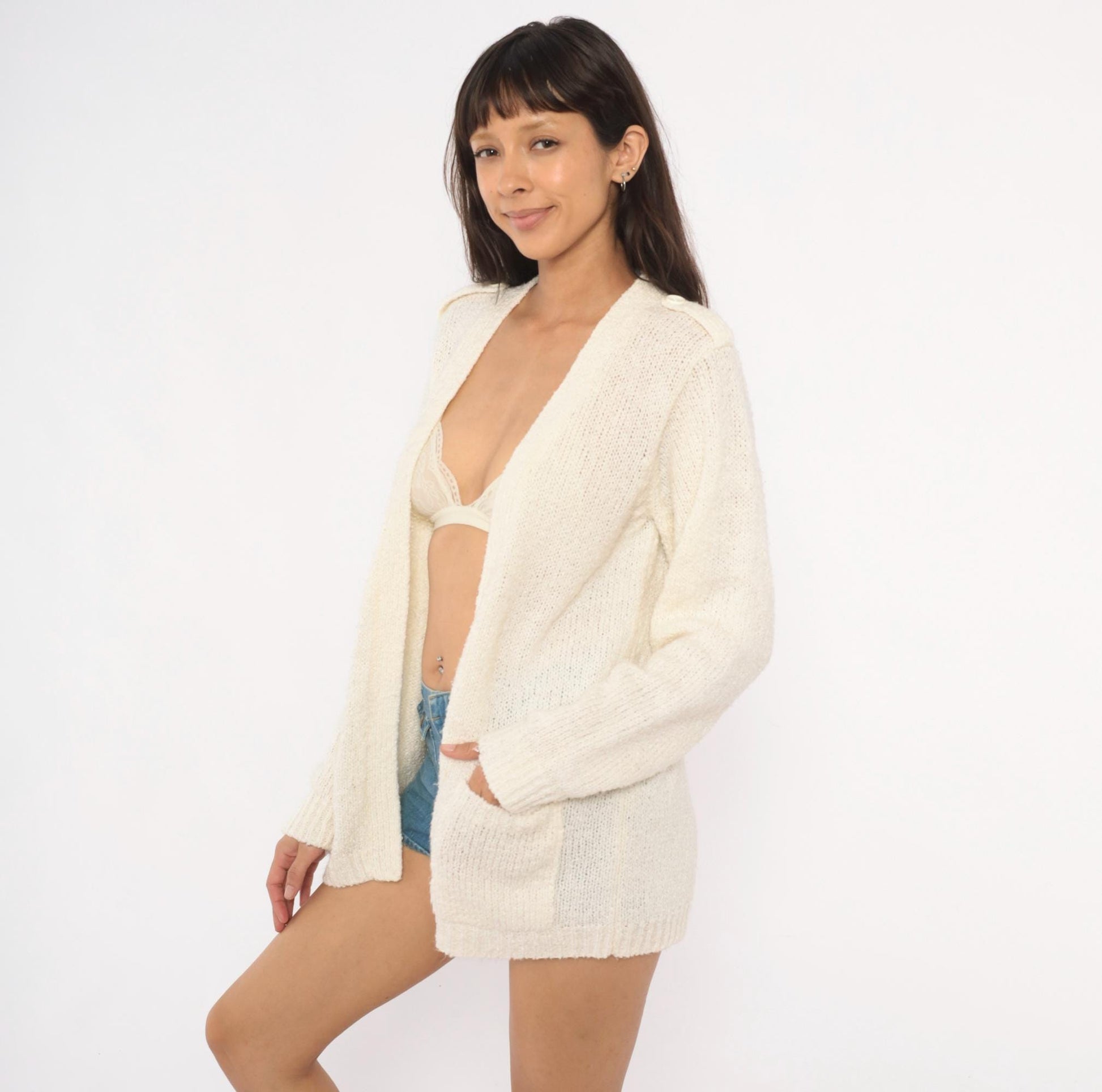 70s LeRoy Knitwear Open Front Cardigan Cream Bouclé Deep V Neck Medium