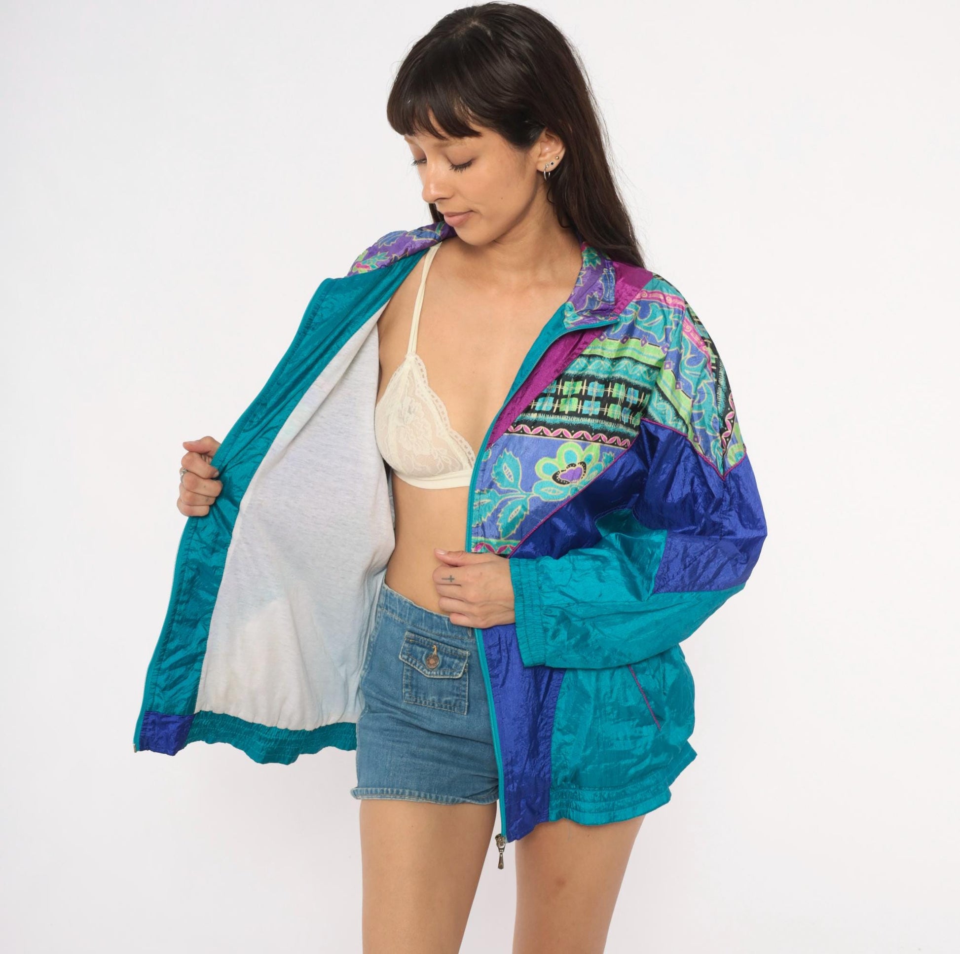 90s Bold Spirit Colorblock Windbreaker Teal Purple Geometric Floral Extra Large XL
