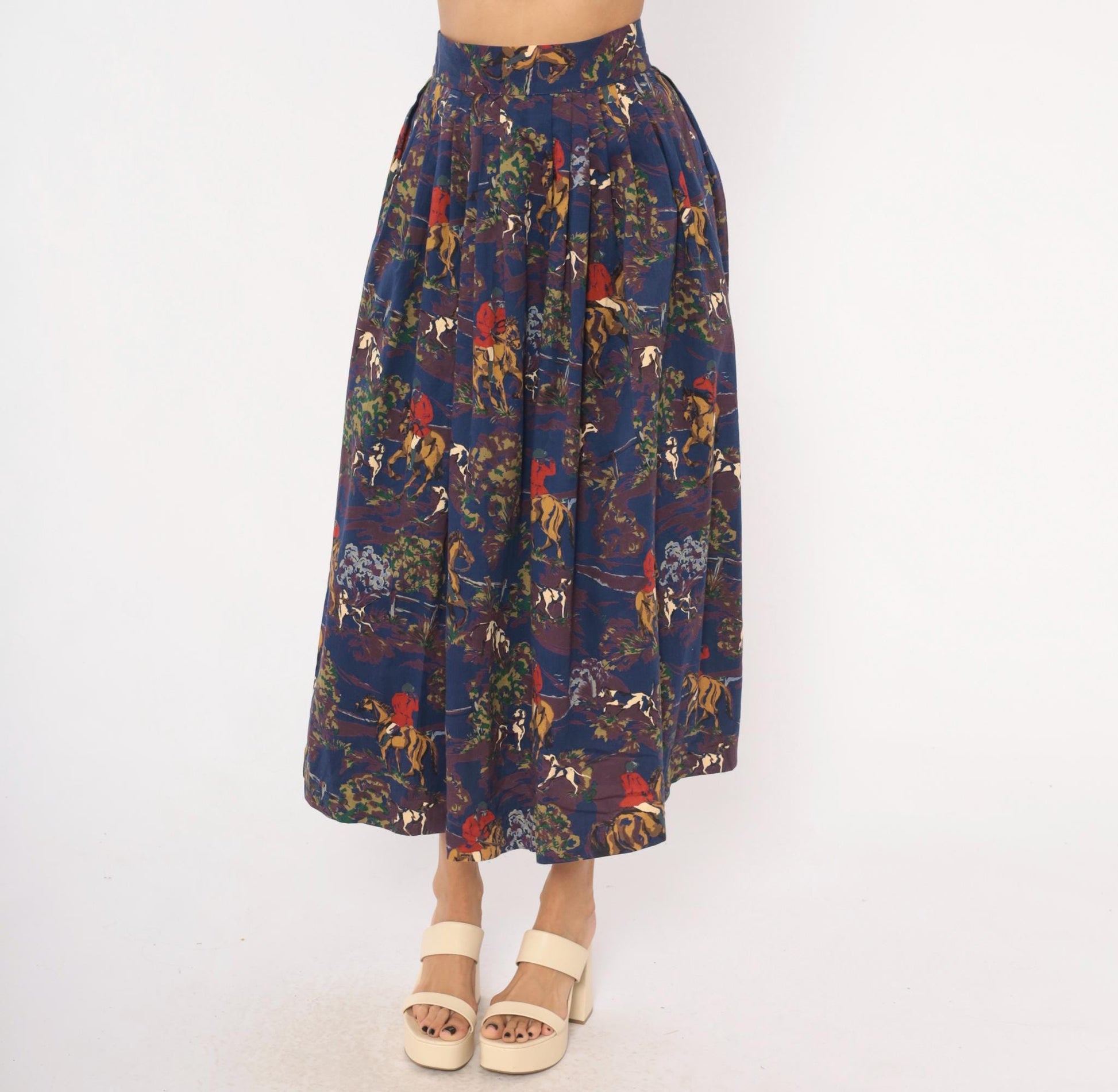 90s Breeches Equestrian Hunt Scene Midi Skirt Navy Purple Pleated Cotton Extra Small XS