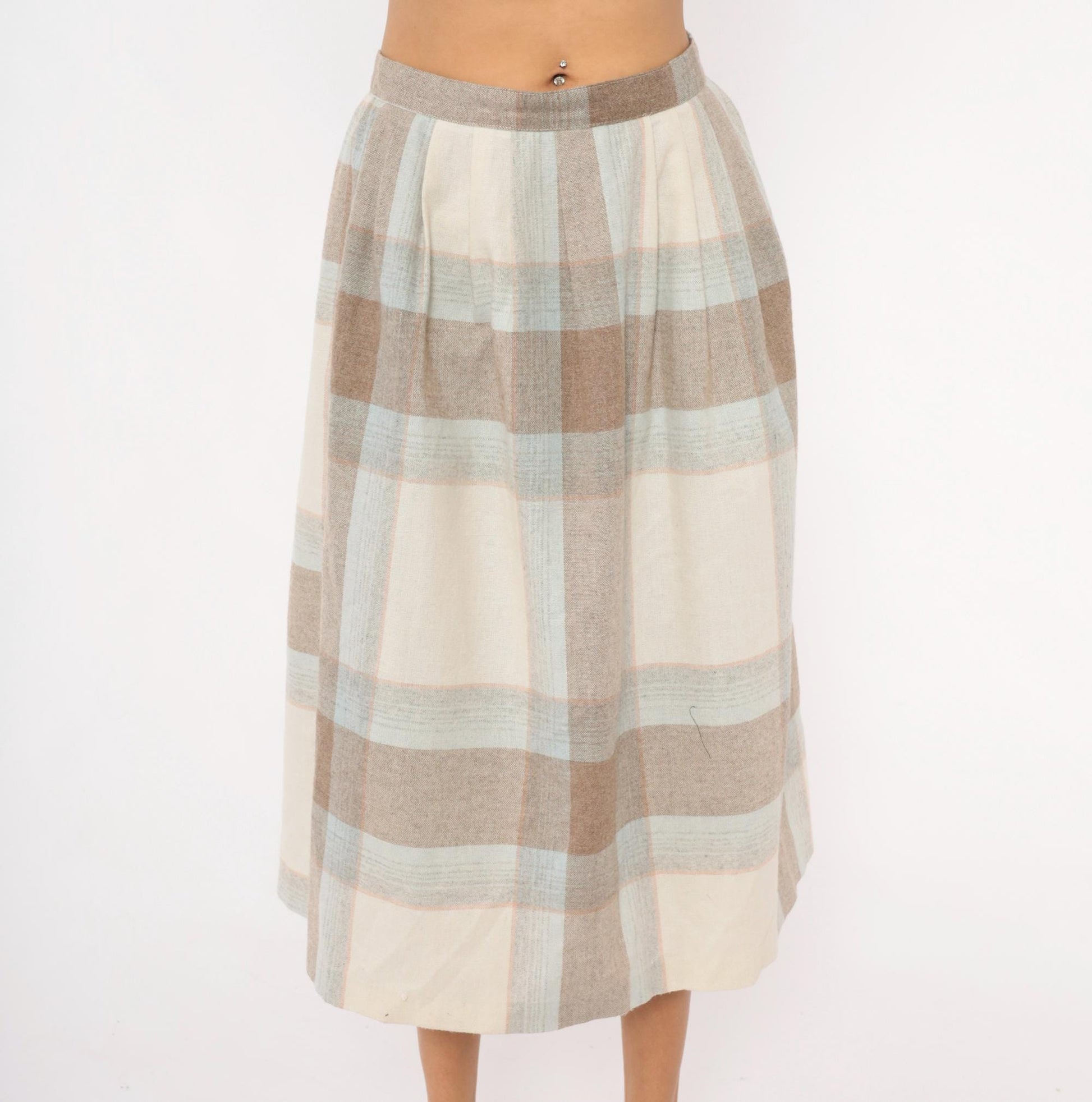 80s Wool Blend Plaid Midi Skirt Tan Cream Powder Blue Pleated Medium M