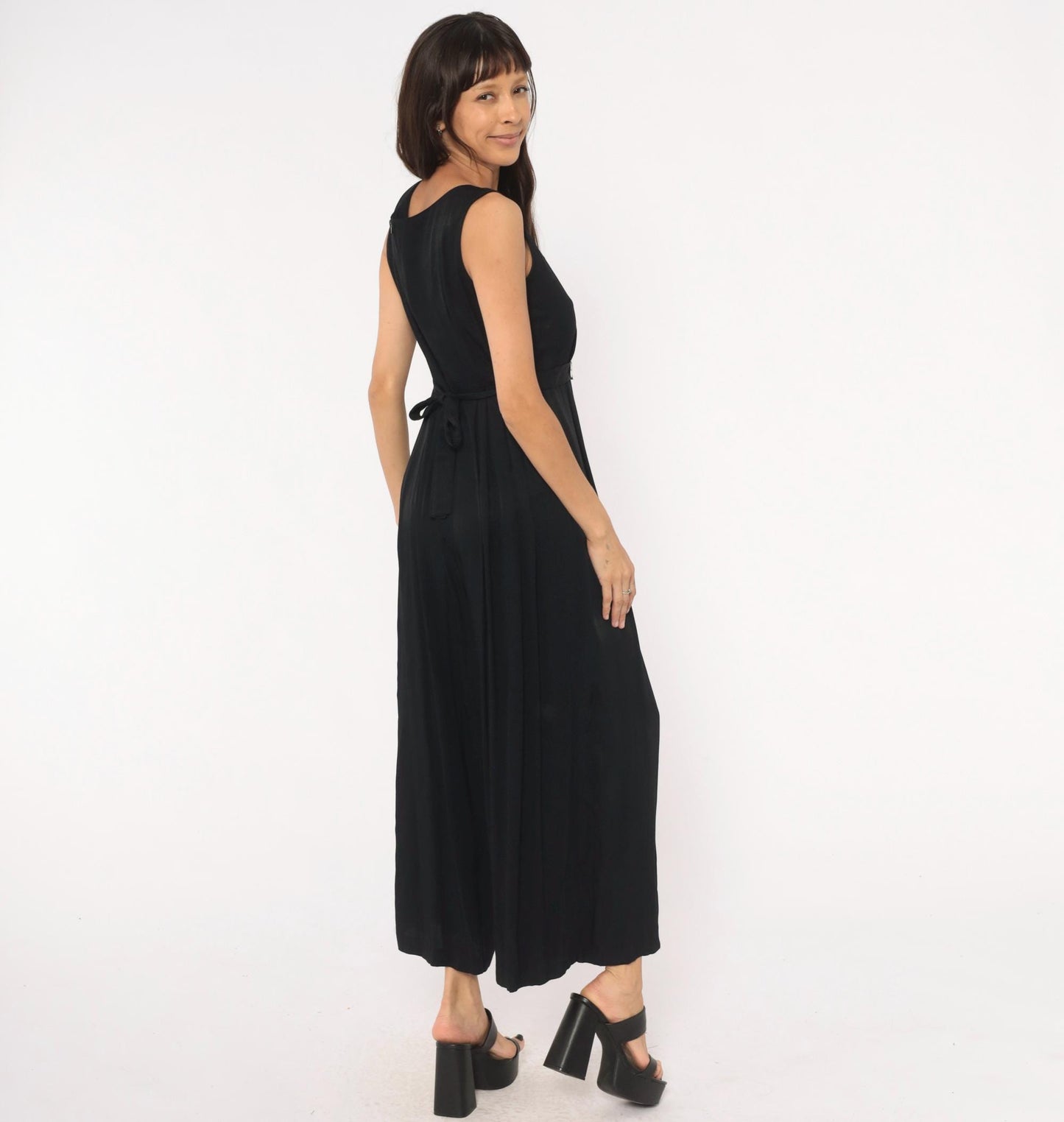 90s Jeffrey & Dara Black Wide-Leg Jumpsuit Pleated Waist Tie-Back Medium M