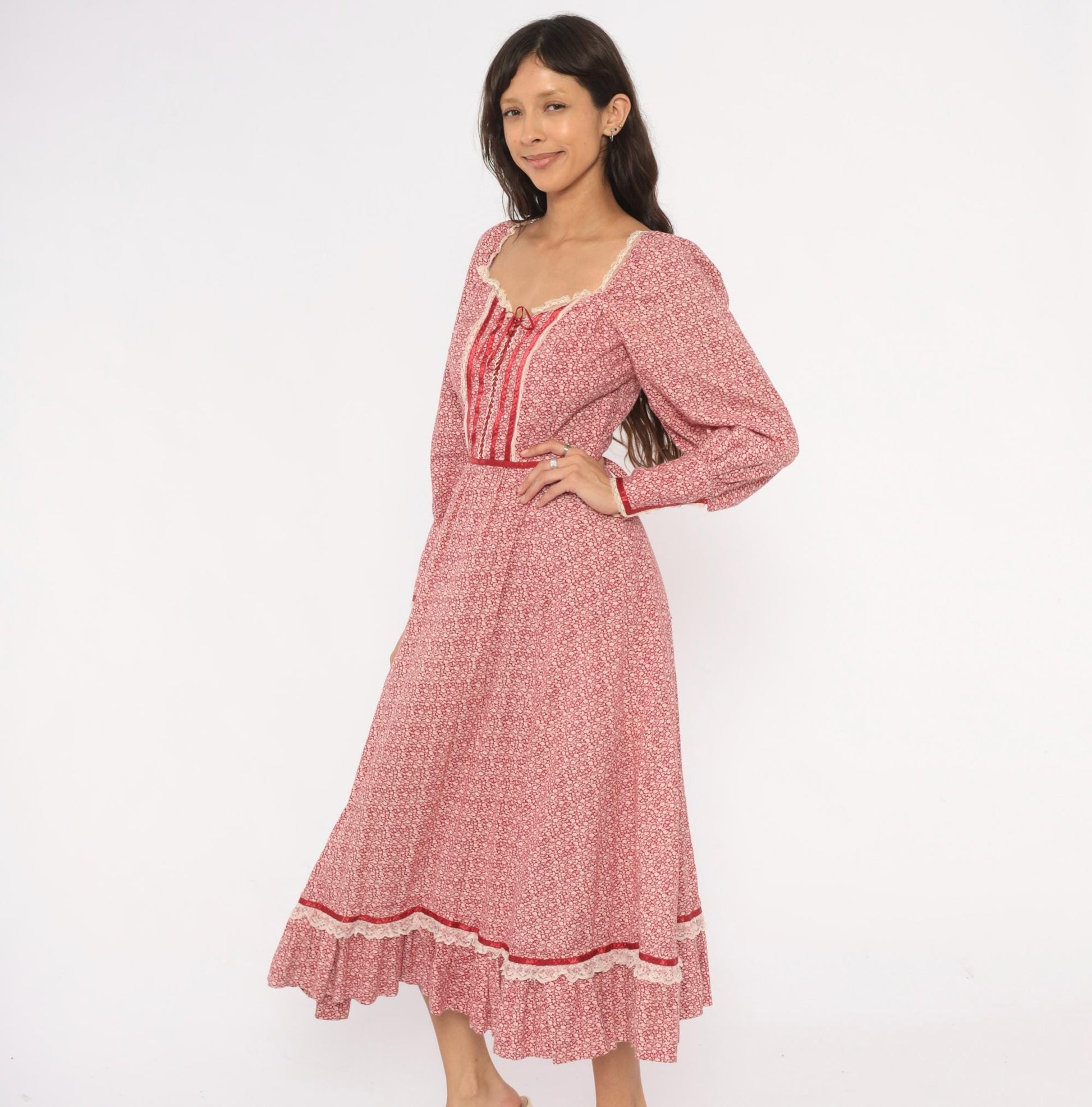 70s Wildes Red Calico Prairie Dress Lace Corset Puff Sleeve Maxi Small