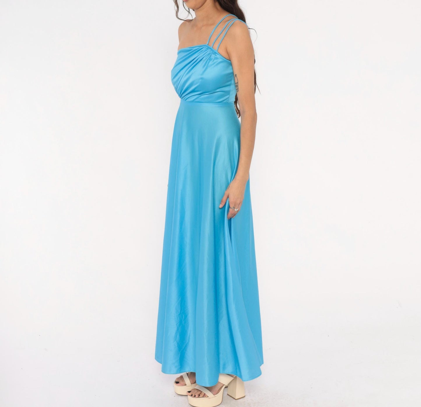 70s Sky Blue One-Shoulder Maxi Gown Asymmetric Draped Bodice Floor Length Extra Small XS
