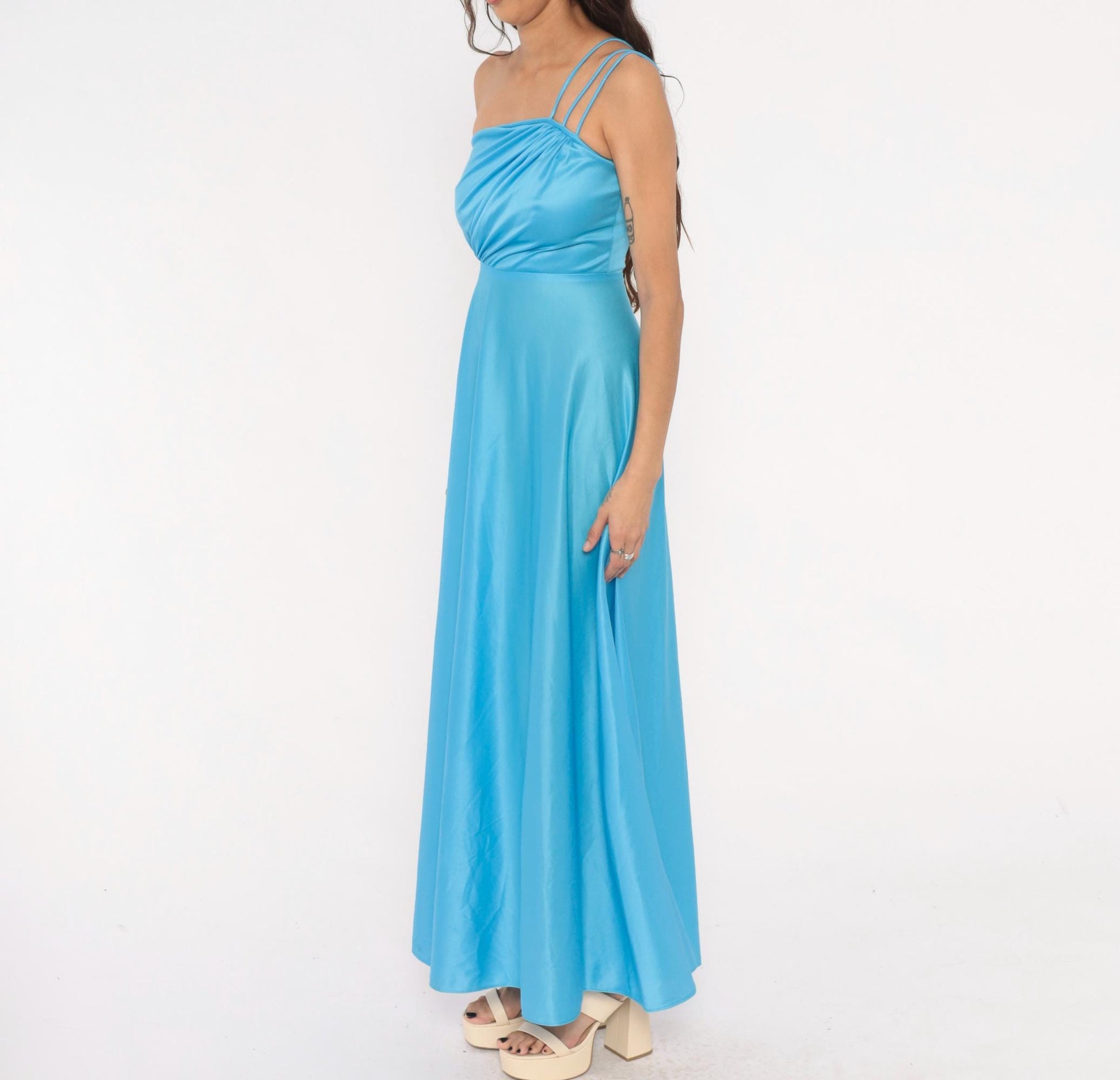 70s Sky Blue One-Shoulder Maxi Gown Asymmetric Draped Bodice Floor Length Extra Small XS