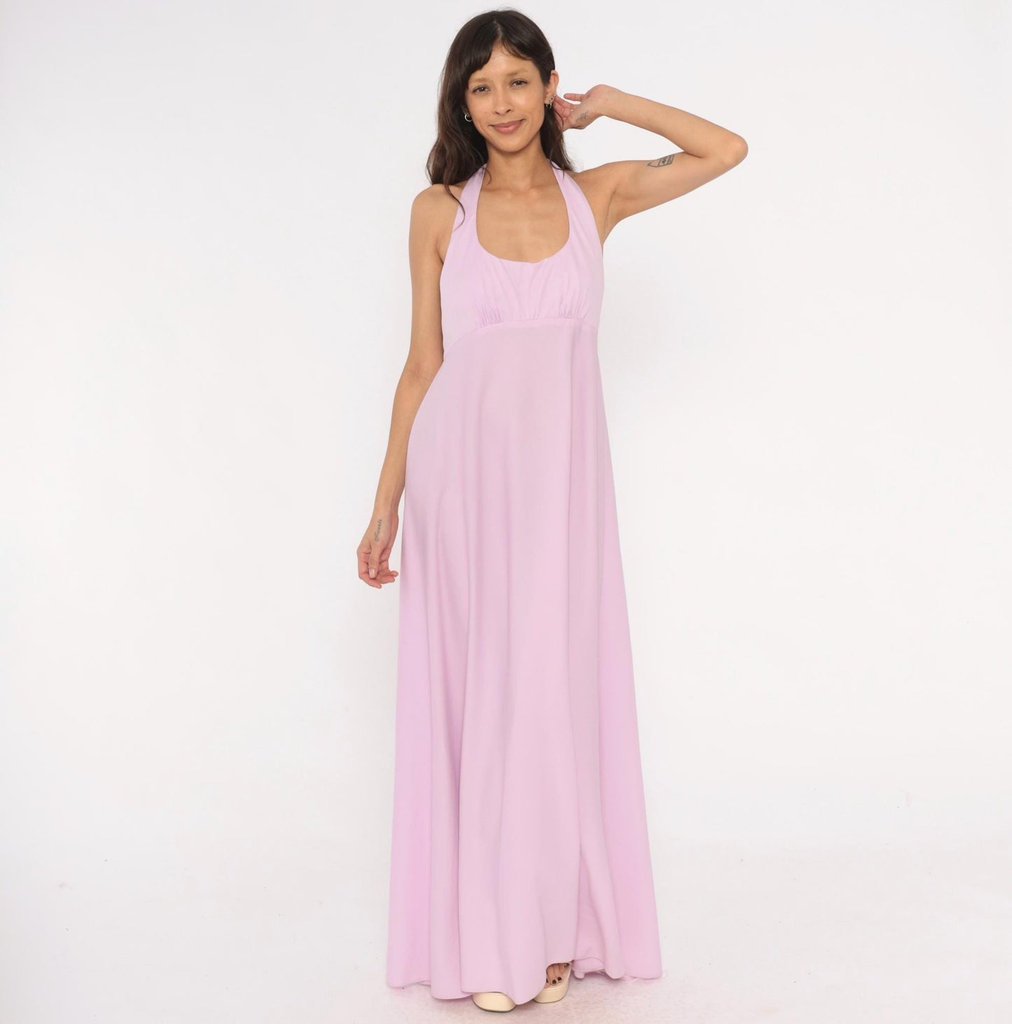 70s Lilac Halter Maxi Dress Empire Waist Open Back Floor Length Medium