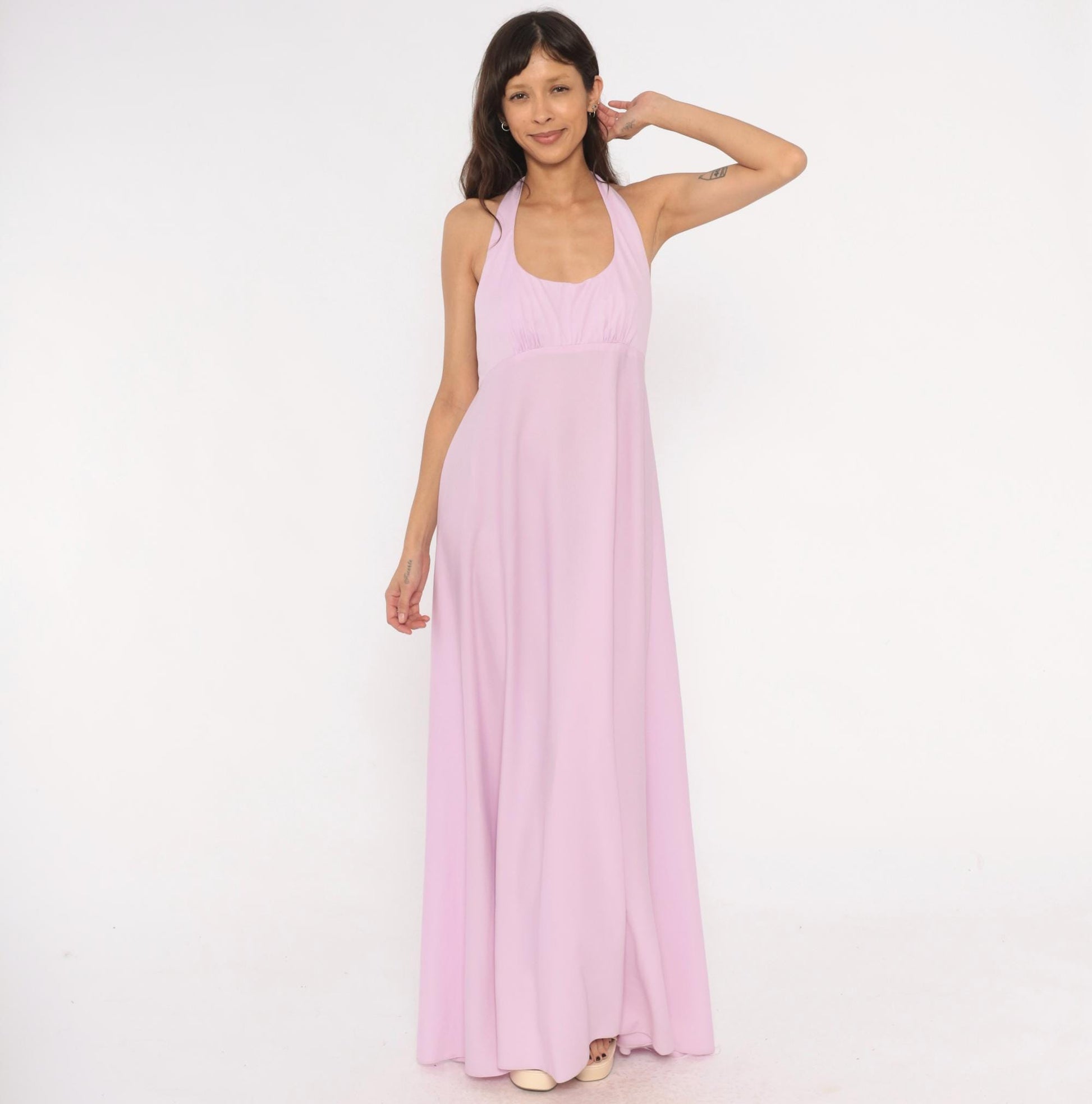 70s Lilac Halter Maxi Dress Empire Waist Open Back Floor Length Medium