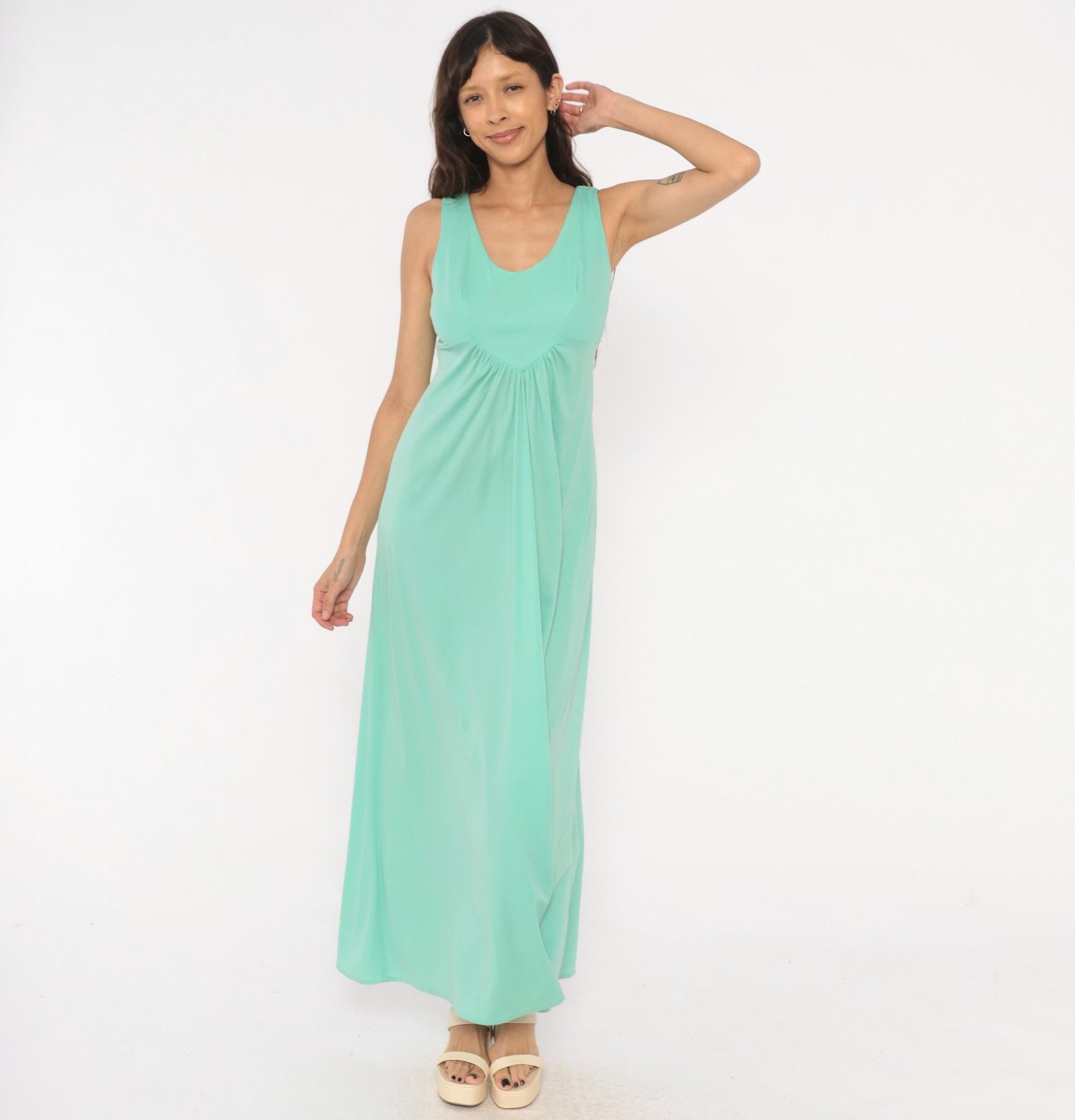 70s Mint Green Sleeveless Maxi Dress Empire Waist A-Line Medium