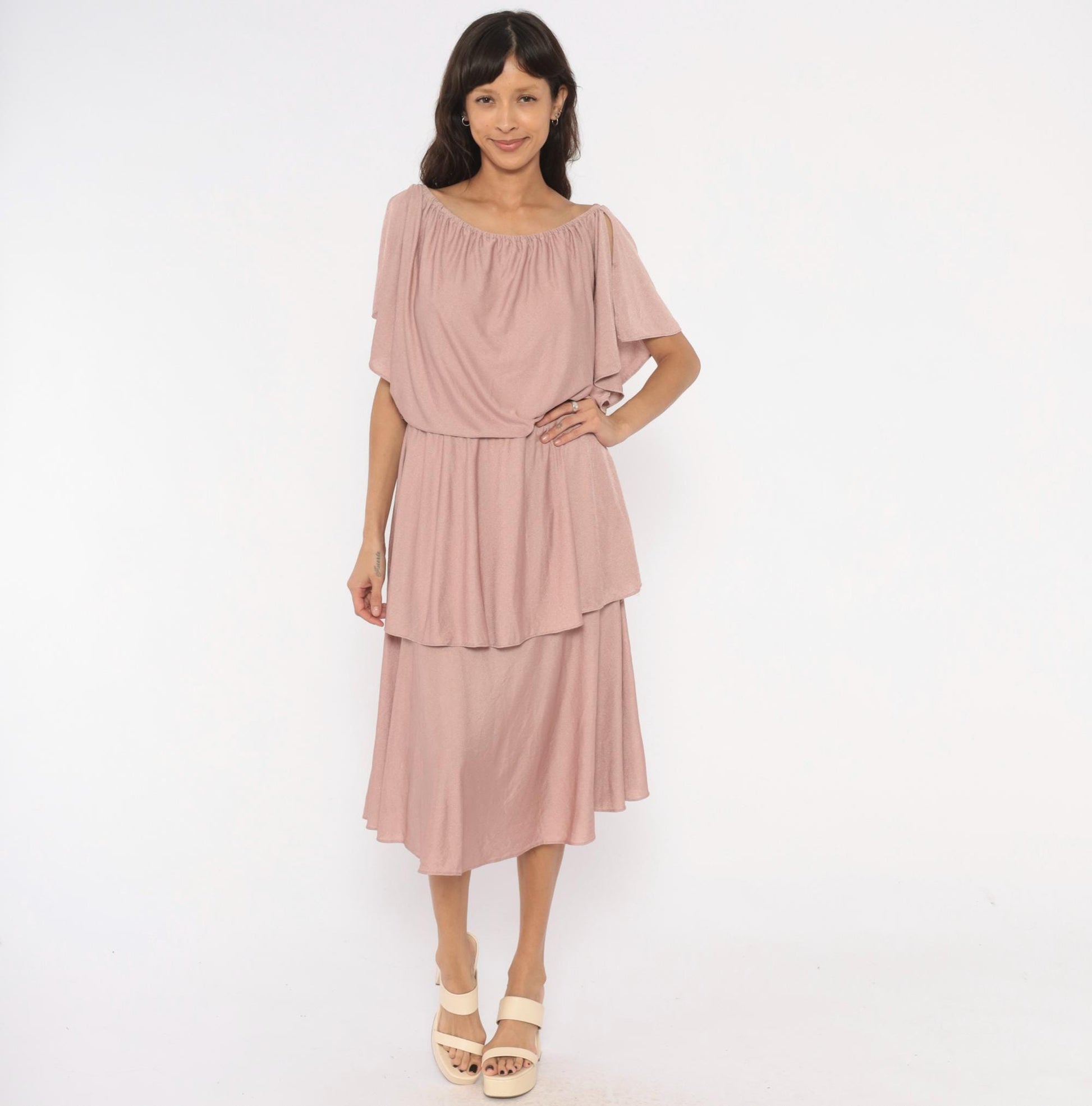 70s The Dress Mauve Tiered Midi Dress Flutter Sleeve Cold Shoulder Medium