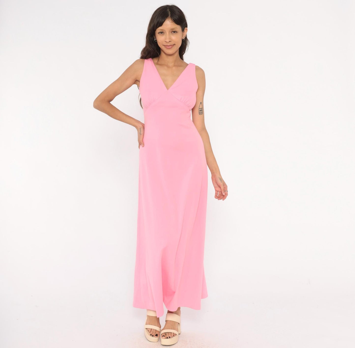 70s Bubblegum Pink Maxi Dress V Neck Empire Waist A Line Ankle Length Medium M
