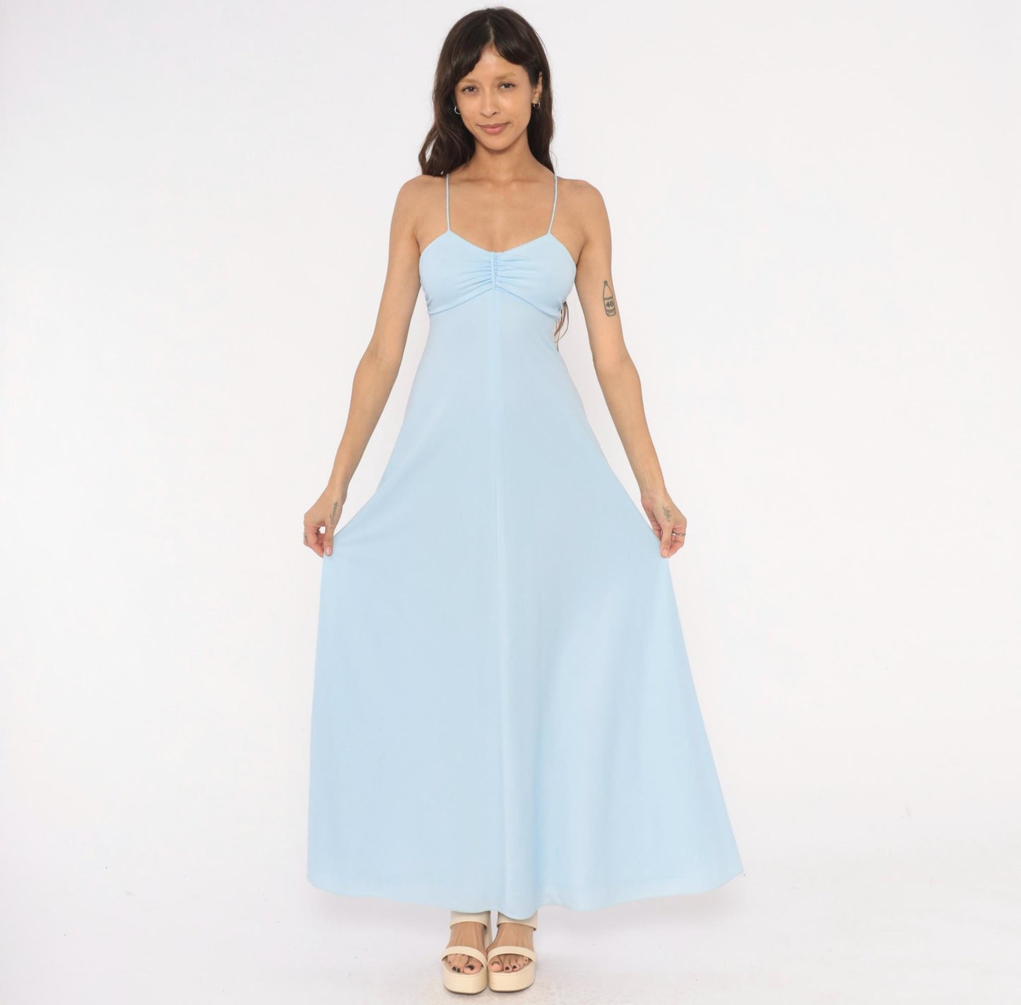 70s Baby Blue Maxi Dress Spaghetti Strap Sweetheart Neckline Empire Waist Extra Small XS