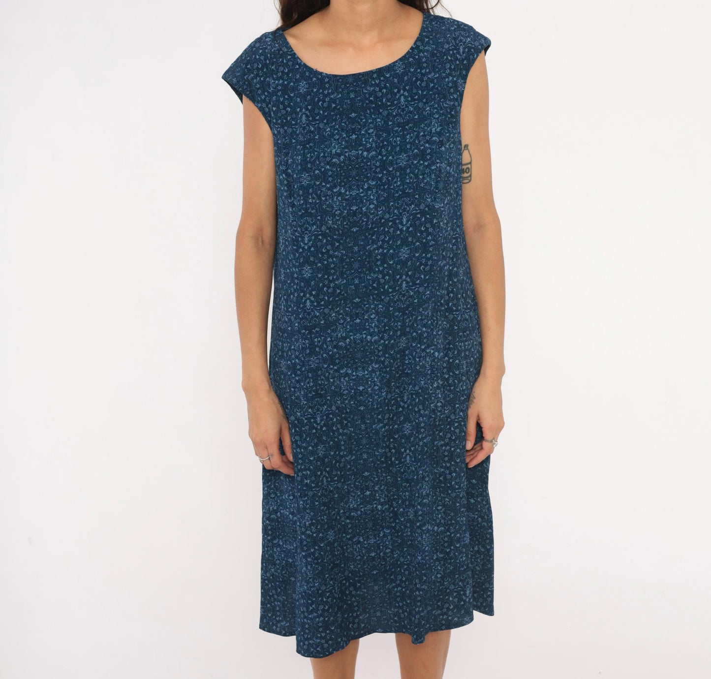 90s Talbots Indigo Floral Cotton Shift Dress Navy Cap Sleeve Large L