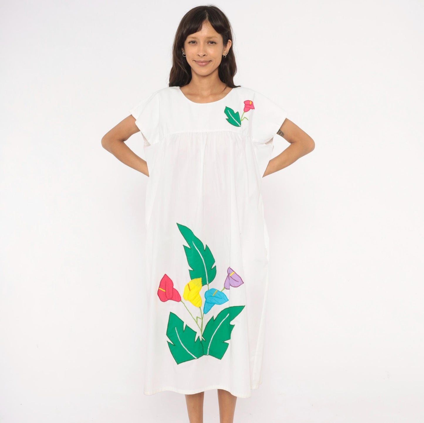 90s Bordados Tiscareño Tropical Appliqué Midi Dress White Cotton Calla Lily Large