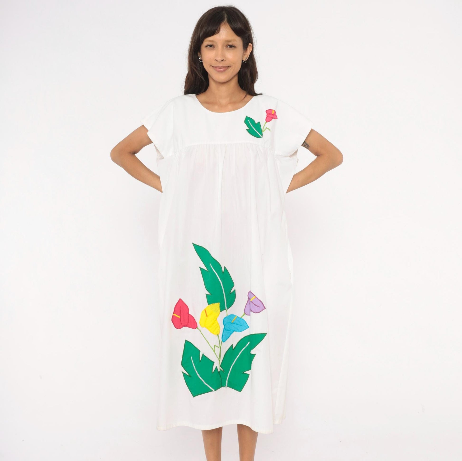 90s Bordados Tiscareño Tropical Appliqué Midi Dress White Cotton Calla Lily Large