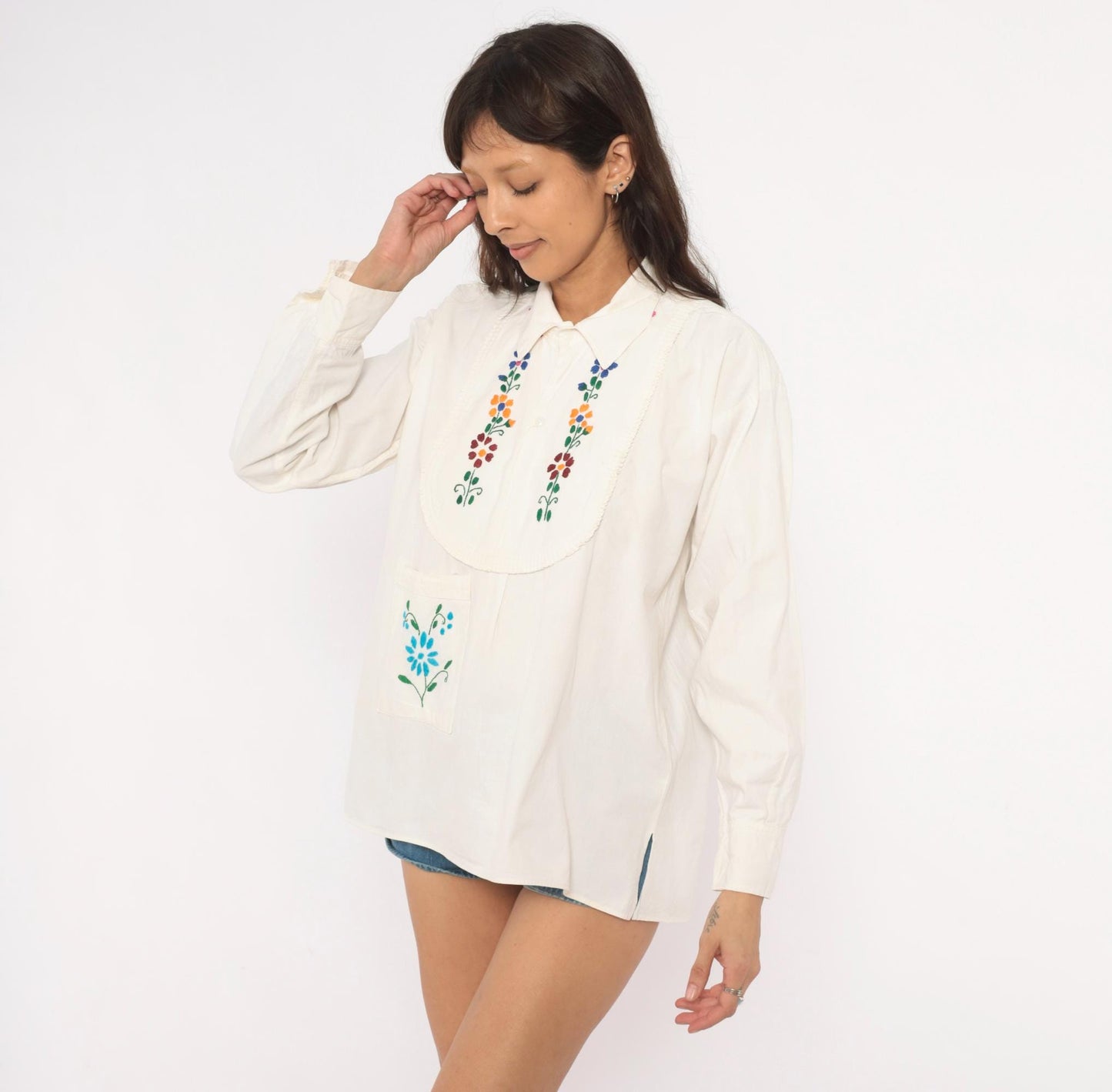 70s Mexican Embroidered Floral Blouse Cream Cotton Peasant Top Medium