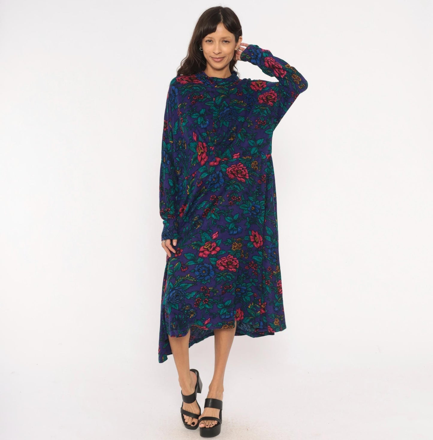 90s Alison J. Floral Mock Neck Midi Dress Purple Teal Long Sleeve Large L