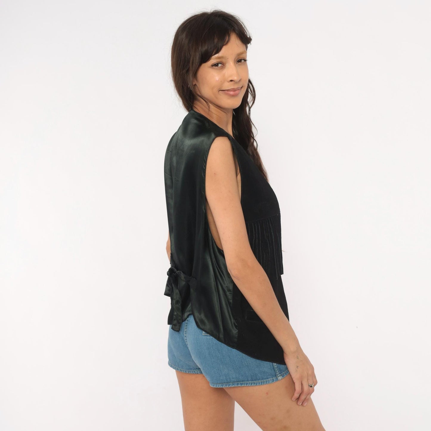 90s Bonjour Black Suede Fringe Vest V-Neck Snap Button Western Extra Large XXL