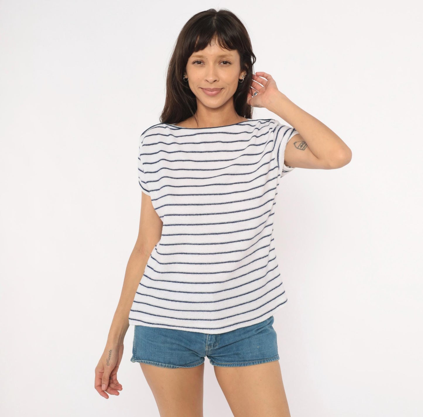 80s Catch One Striped Boat Neck Top White Navy Breton Knit Large L