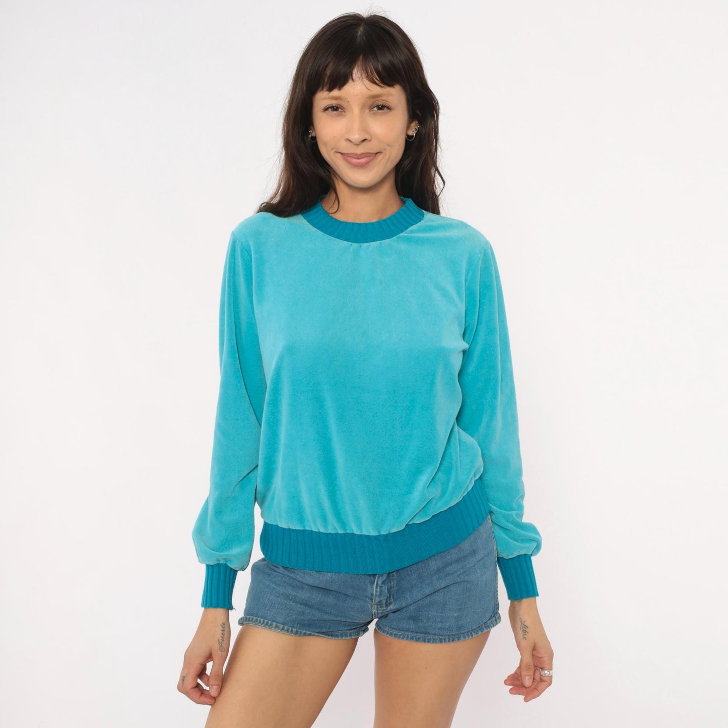 80s Sears Velour Crewneck Sweatshirt Teal Aqua Ribbed Trim Small