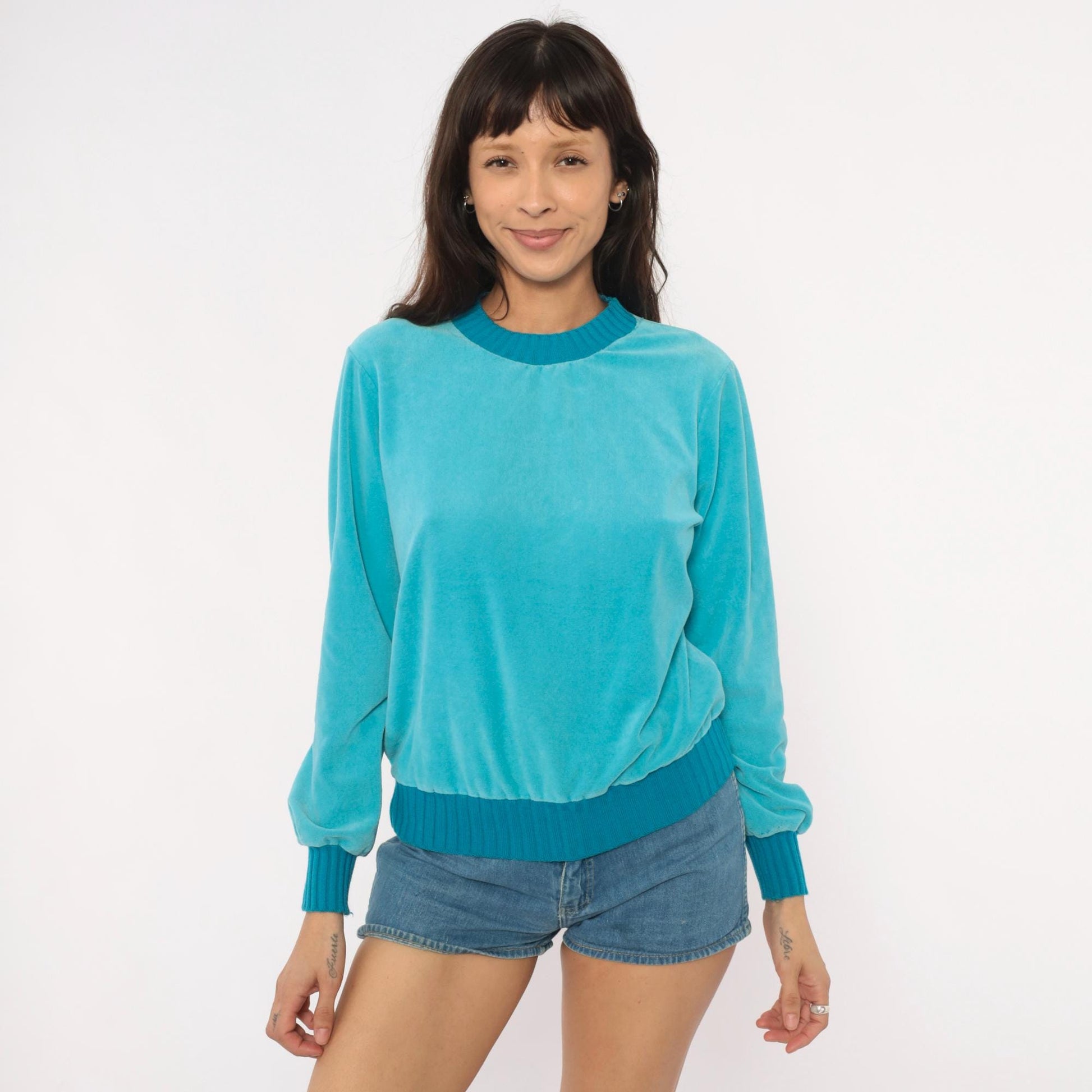 80s Sears Velour Crewneck Sweatshirt Teal Aqua Ribbed Trim Small