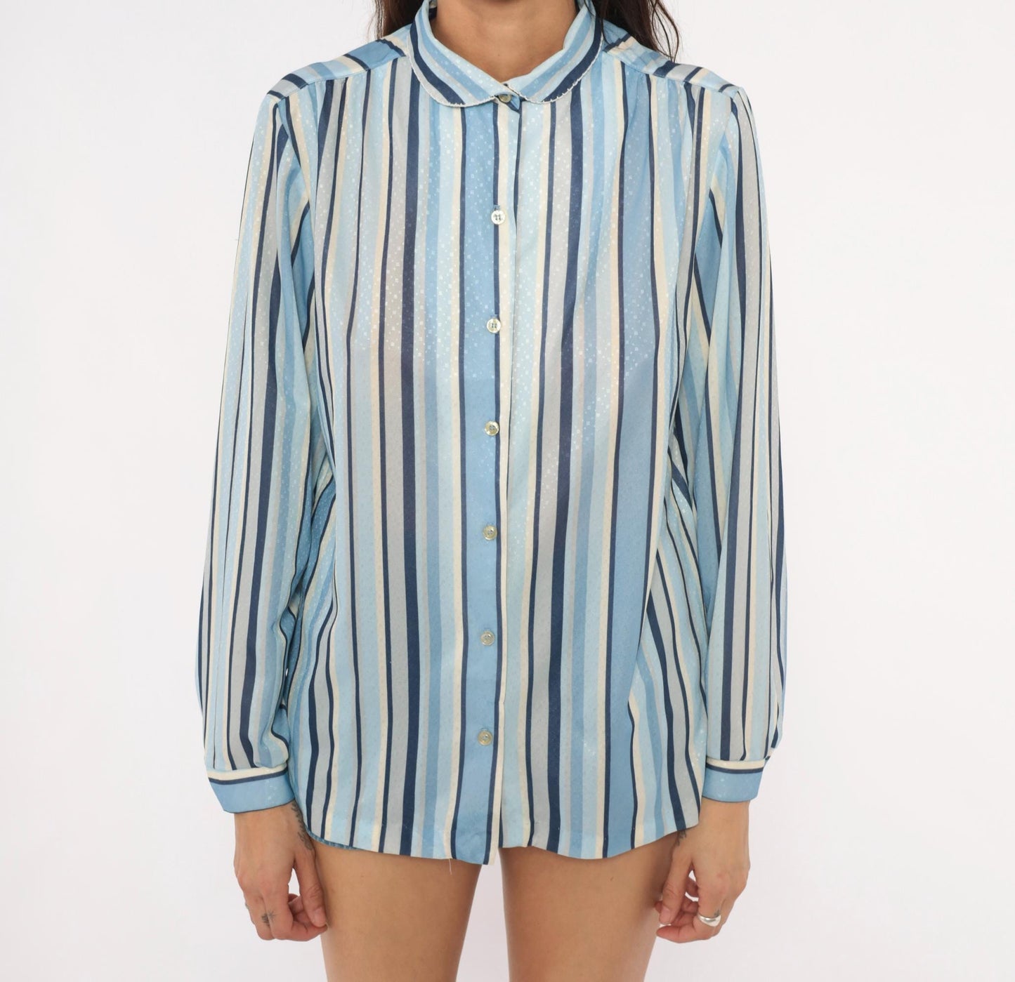 70s Queen Casuals Striped Button Blouse Peter Pan Collar Navy Cream Medium M