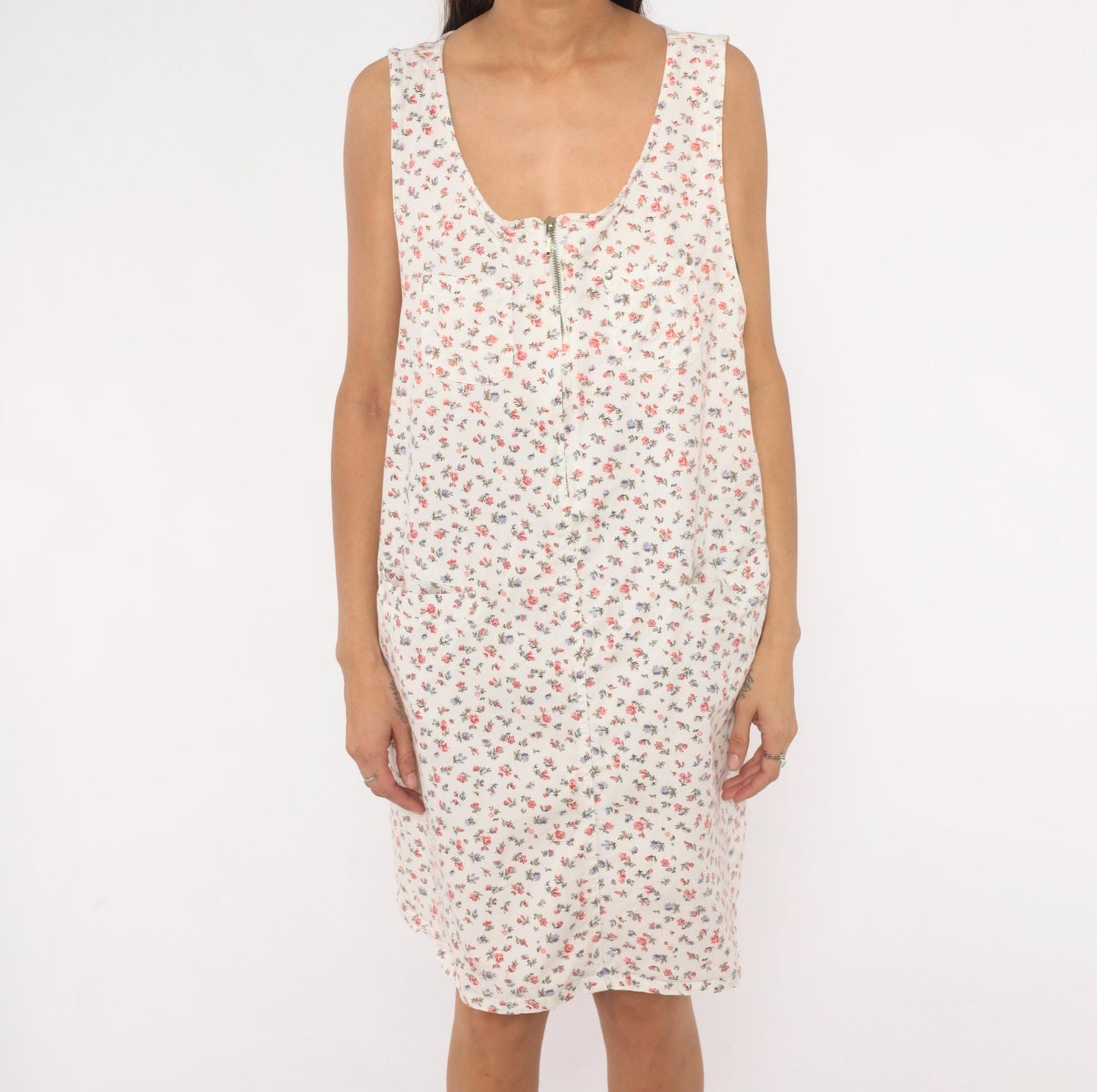 90s Take Nine Maternity Floral Jumper Dress White Cotton Knee-Length Large L