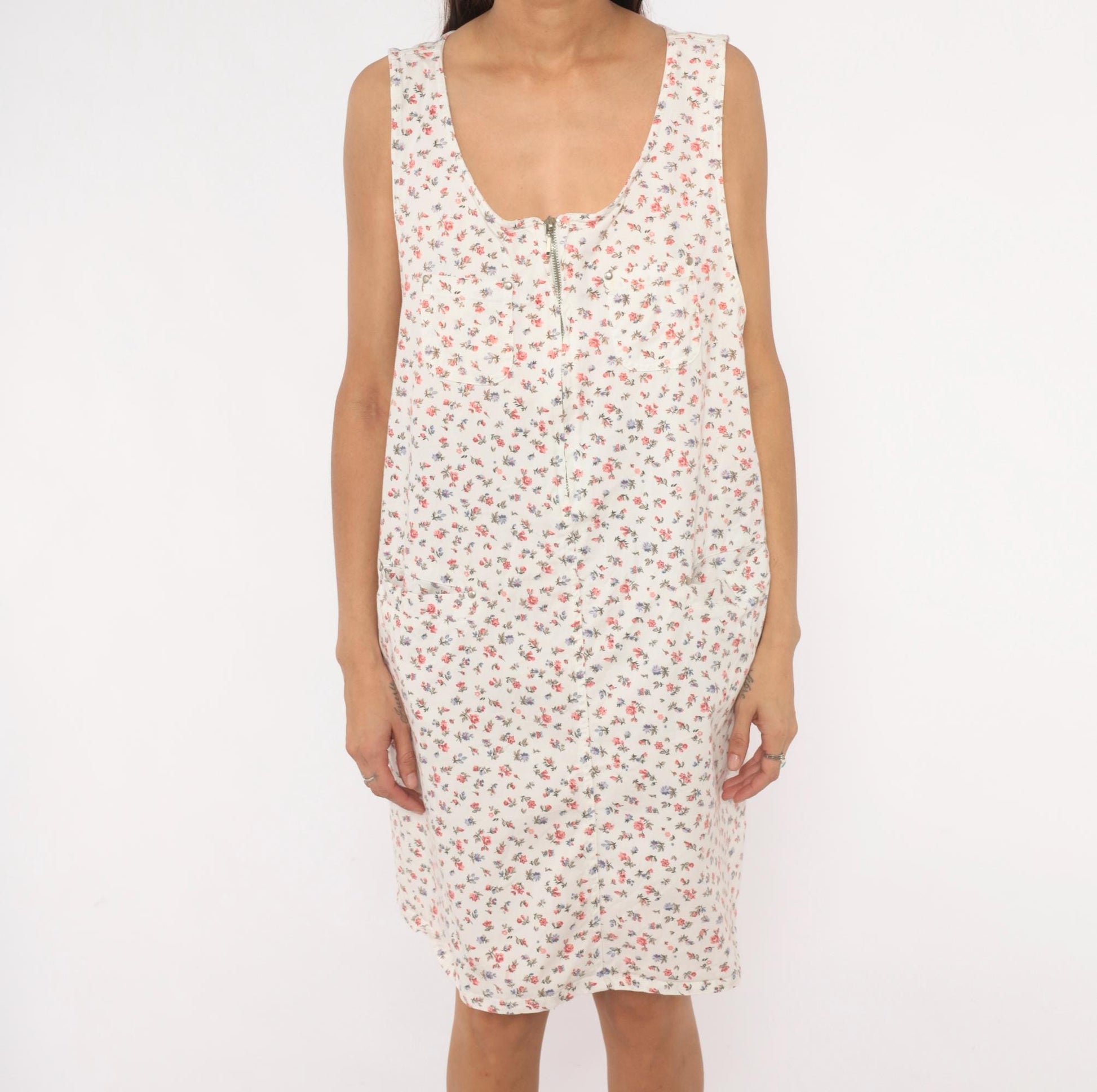 90s Take Nine Maternity Floral Jumper Dress White Cotton Knee-Length Large L
