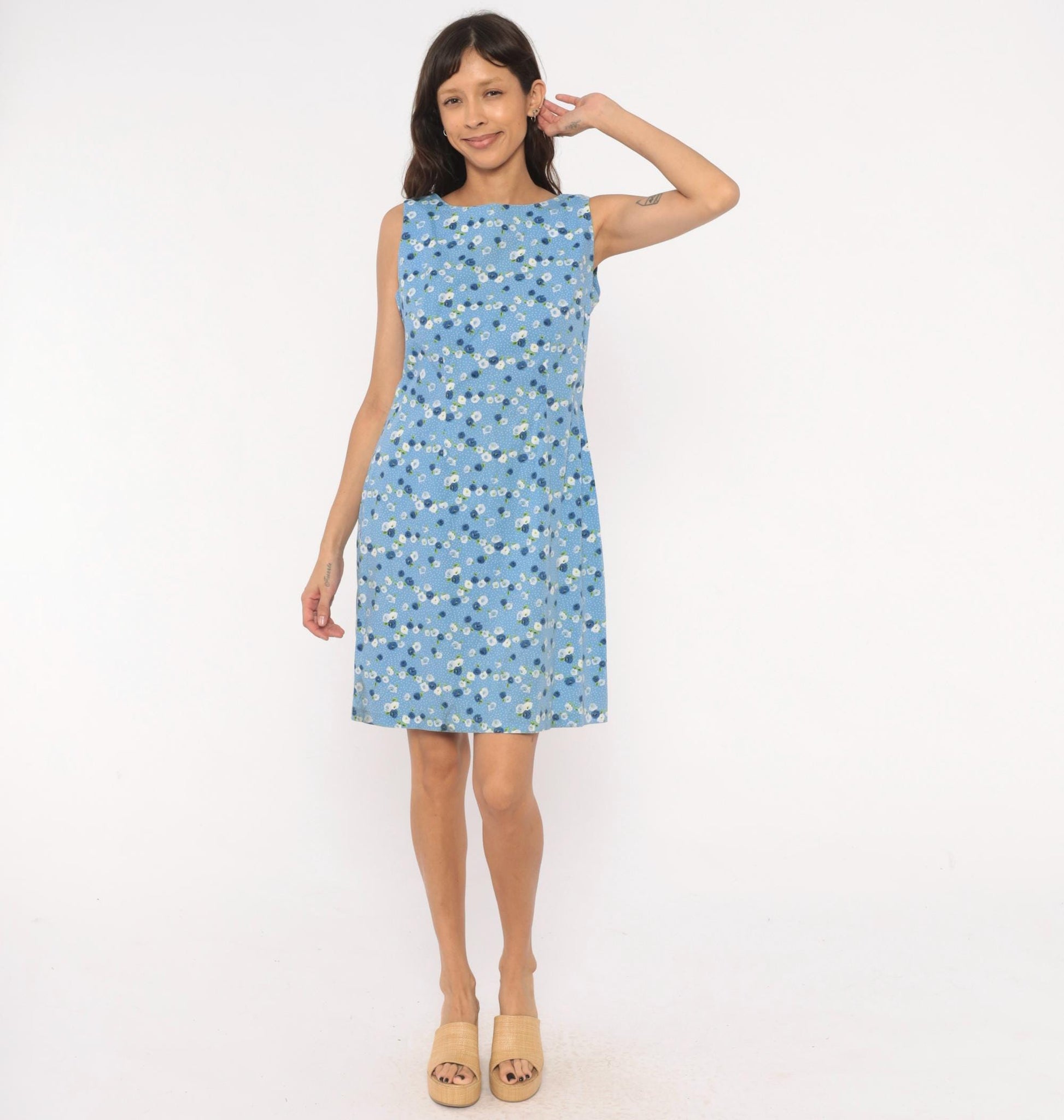 90s Cdc Floral Shift Dress Sky Blue Cotton Sleeveless Medium