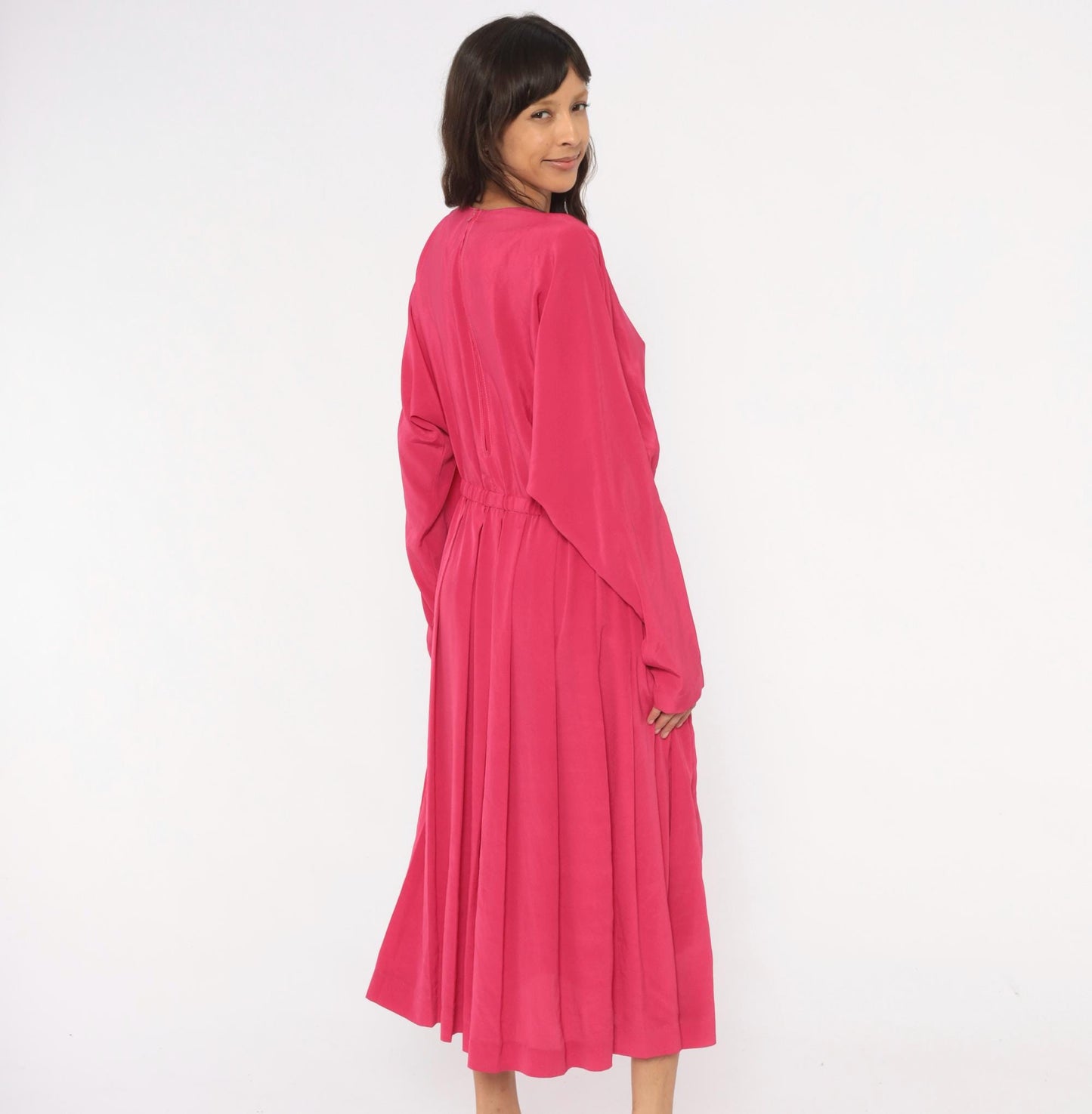 1980s J.Ellis II Fuchsia Midi Dress Blouson Waist Pleated Skirt Extra Large