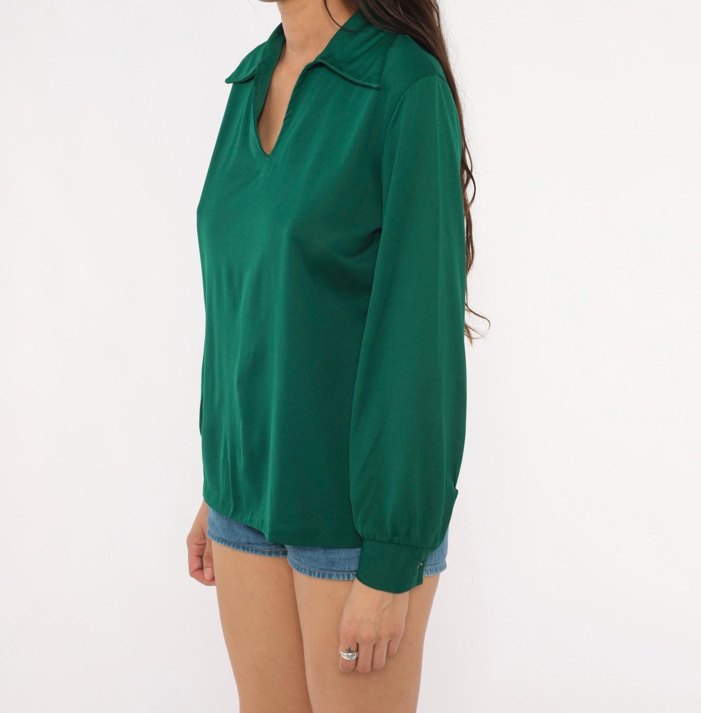 70s Sears Emerald Polo Blouse V-Neck Spread Collar Balloon Sleeve Large