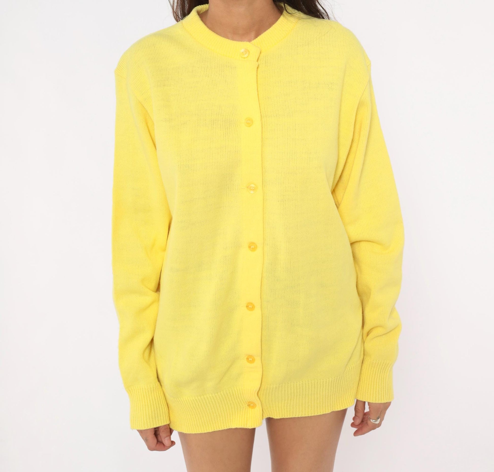 80s Yellow Cardigan School Apparel Button Front Knit Sweater Medium M