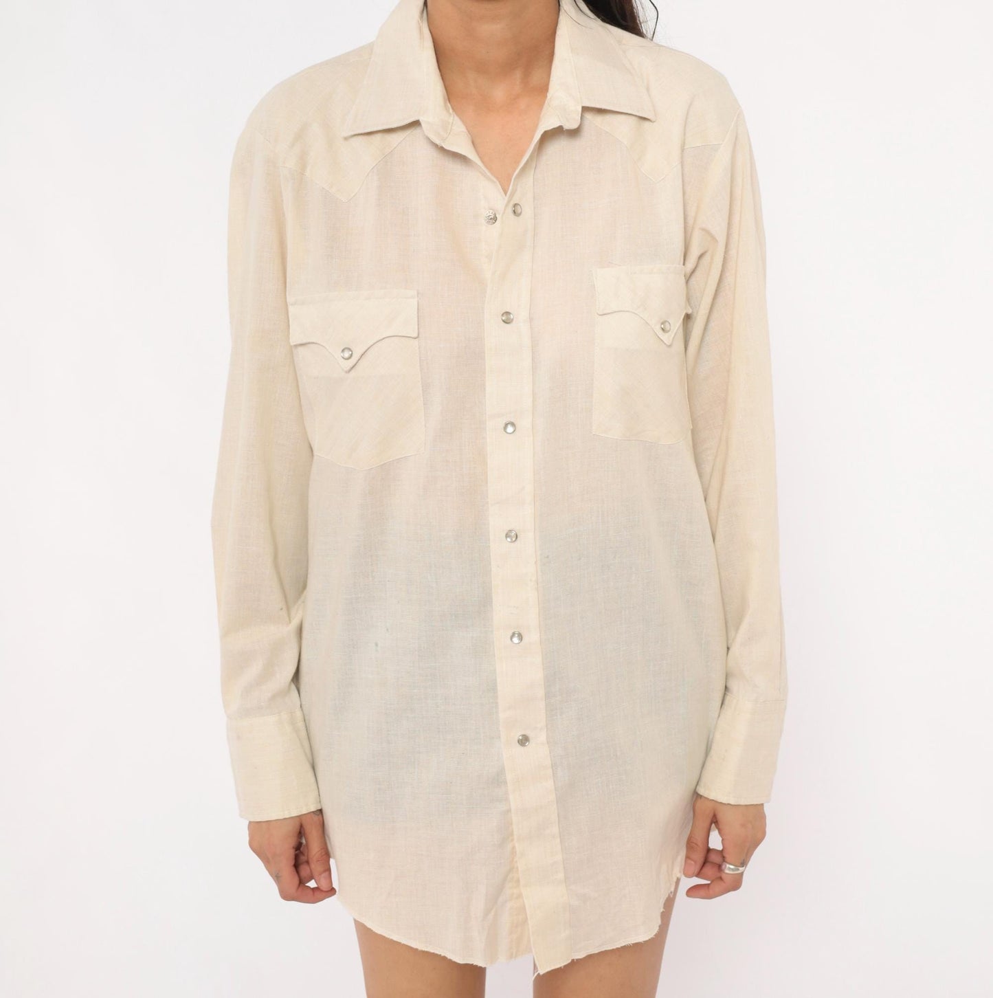 80s Karman Western Shirt Cream Pearl Snap Button Pointed Collar Mens Medium
