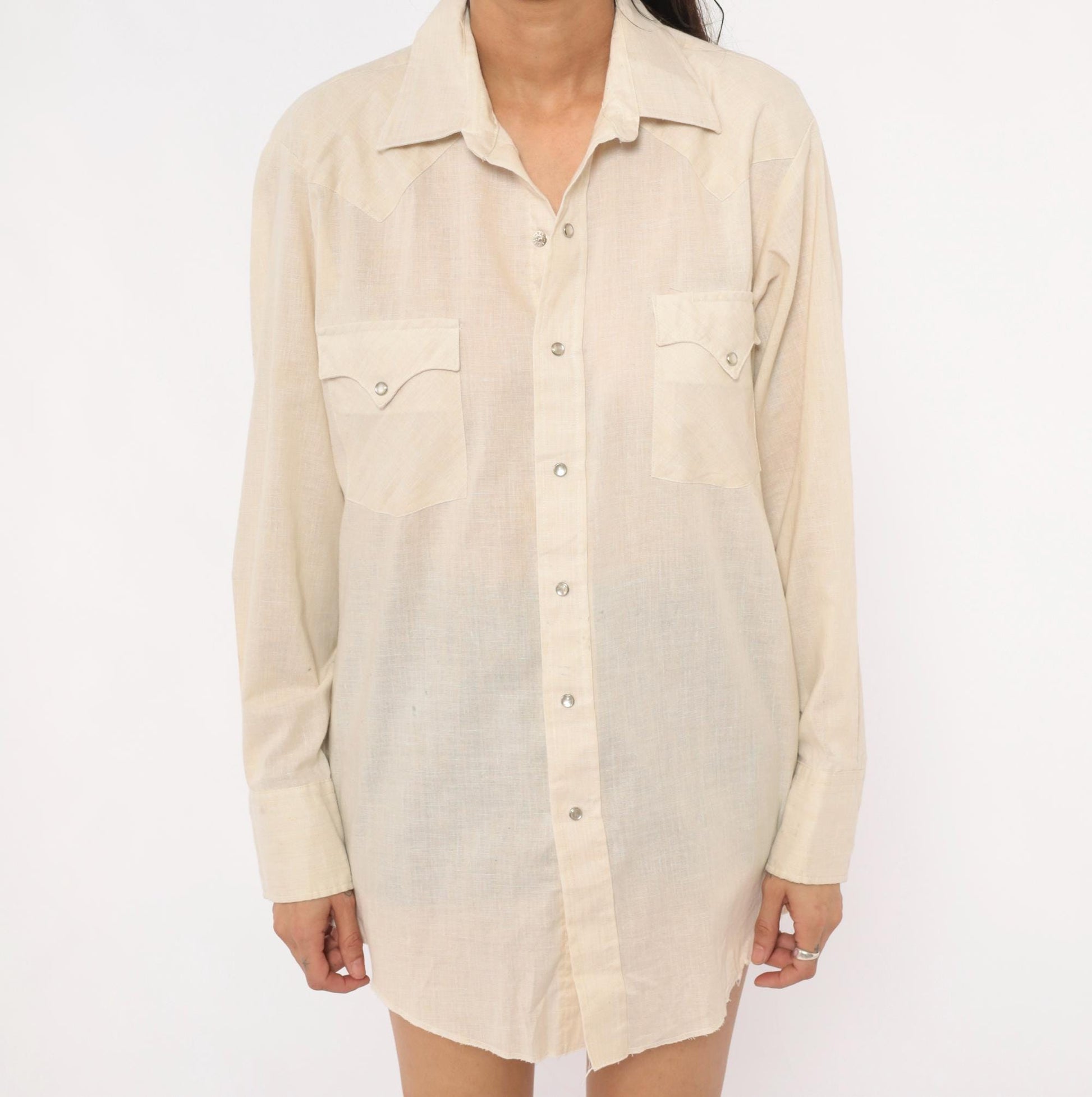 80s Karman Western Shirt Cream Pearl Snap Button Pointed Collar Mens Medium