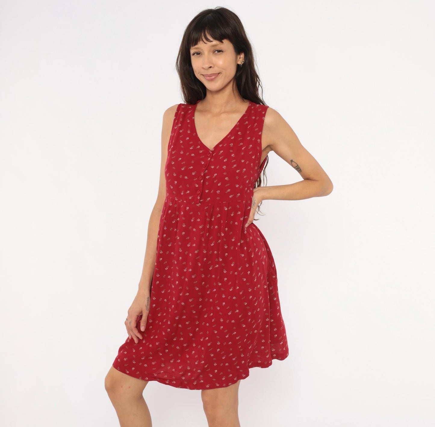 90s Motherhood Ditsy Floral Sundress Red Sleeveless Babydoll Medium M