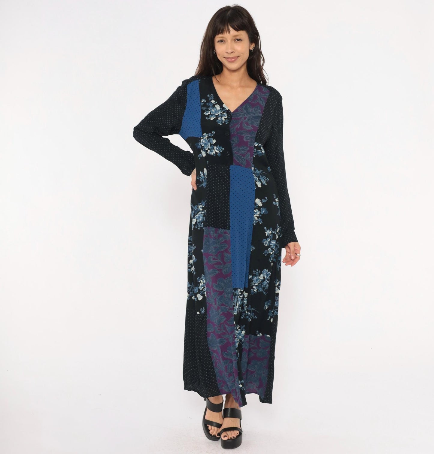 90s Carole Little Patchwork Floral Maxi Dress V Neck Button Front Medium M