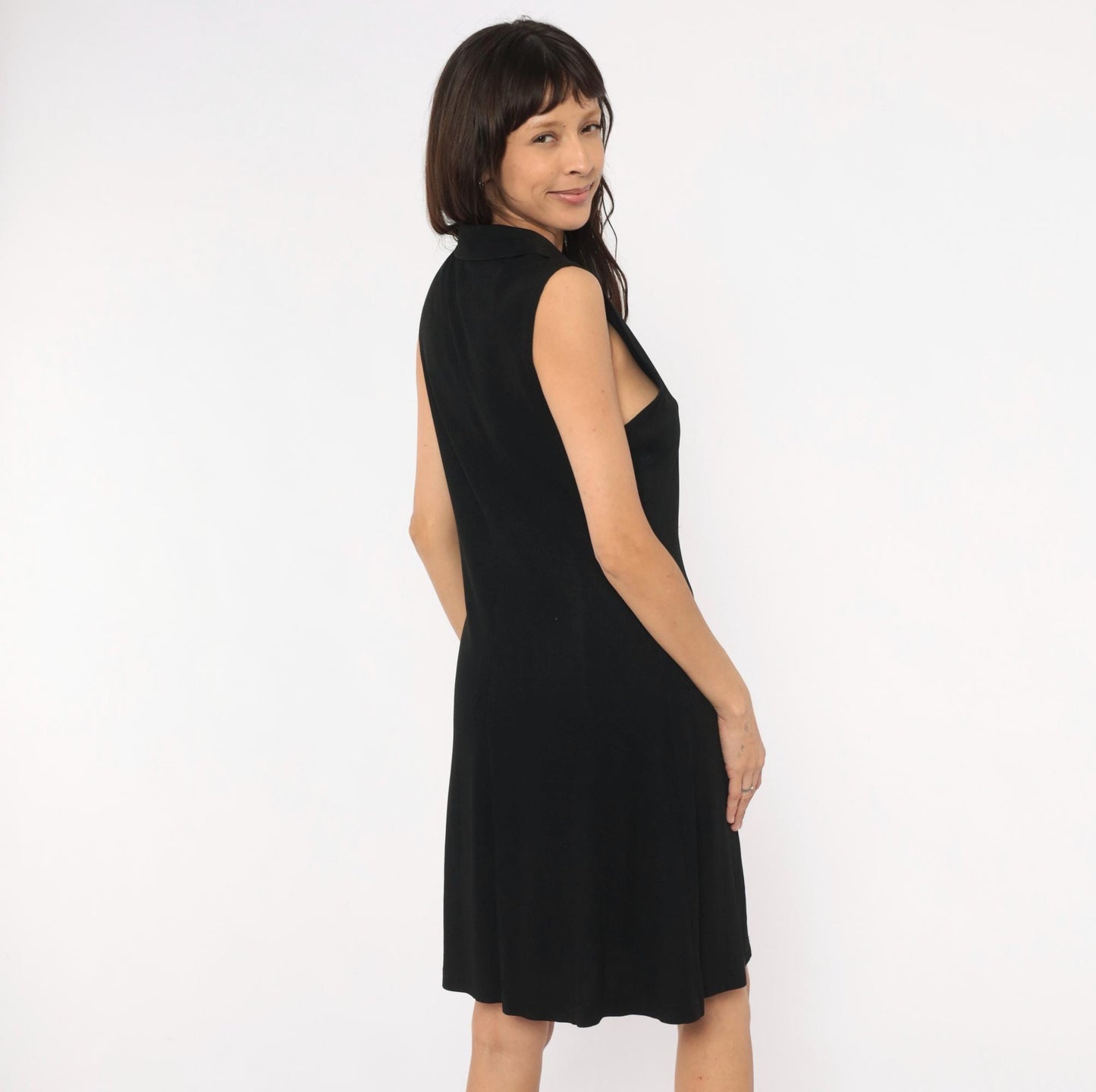 90s Ronni Nicole Black Zip Front Sleeveless Dress Knee-Length Large L