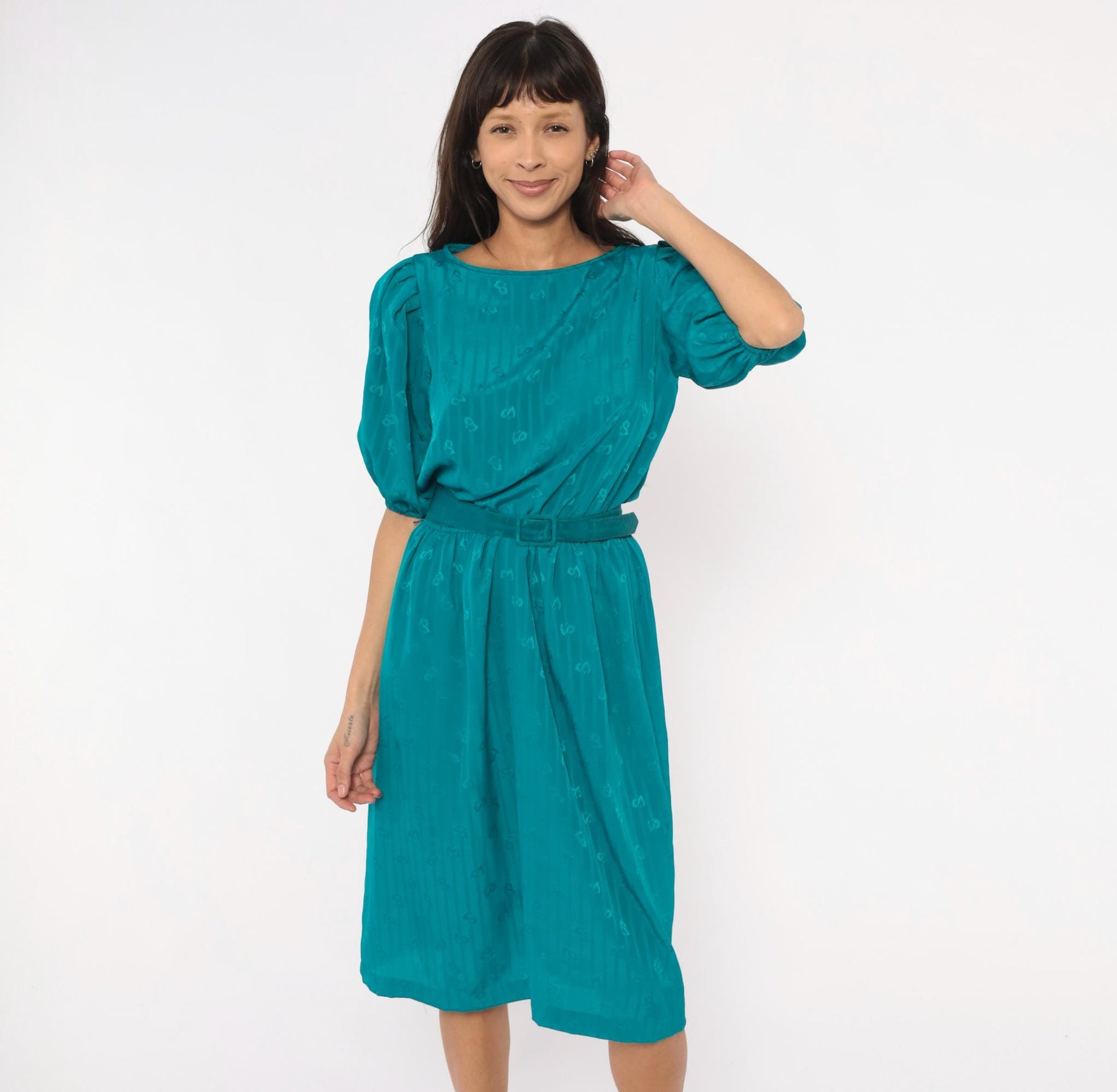 80s Liz Roberts Teal Jacquard Dress Puff Sleeve Boat Neck Knee-Length Medium