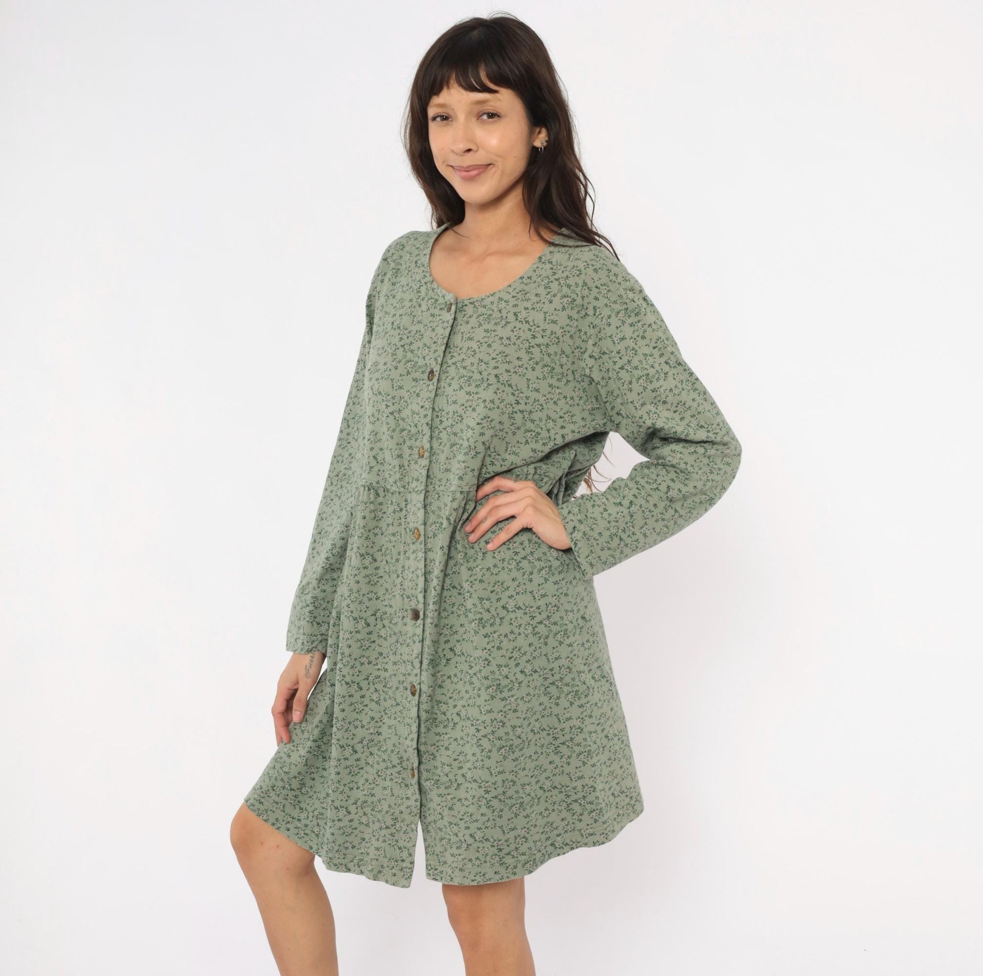 90s Sage Green Floral Button Front Dress Long Sleeve Cotton Prairie Gathered Waist Large L