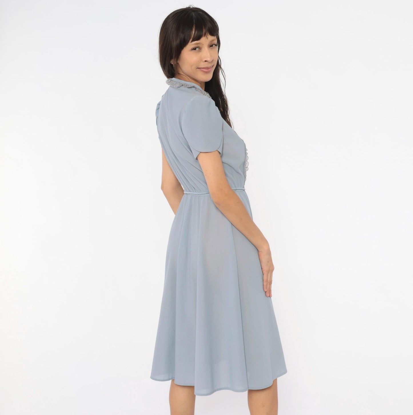70s Powder Blue Lace Bib Midi Dress Puff Sleeve Keyhole Neckline Medium