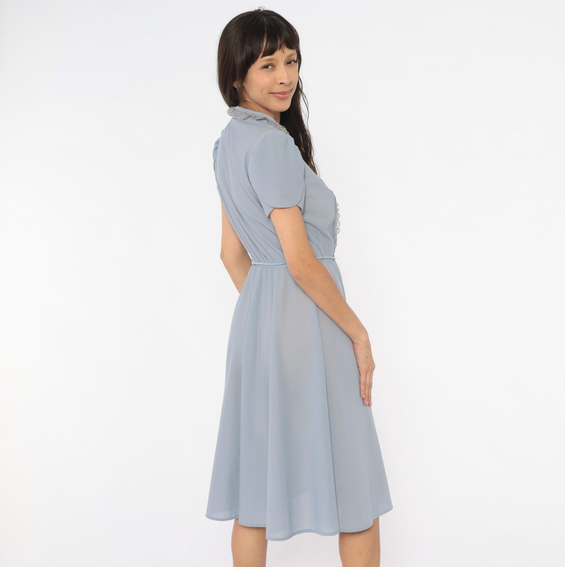 70s Powder Blue Lace Bib Midi Dress Puff Sleeve Keyhole Neckline Medium