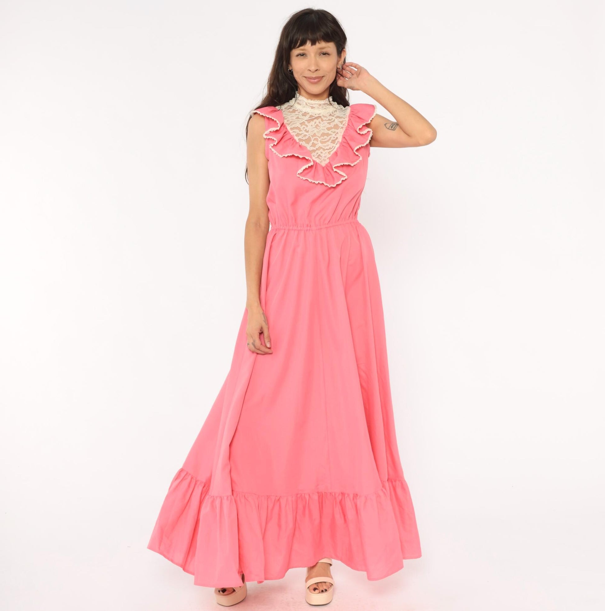 70s Pink Lace Bib Maxi Dress Ruffle Trim High Neck Floral Panel Medium