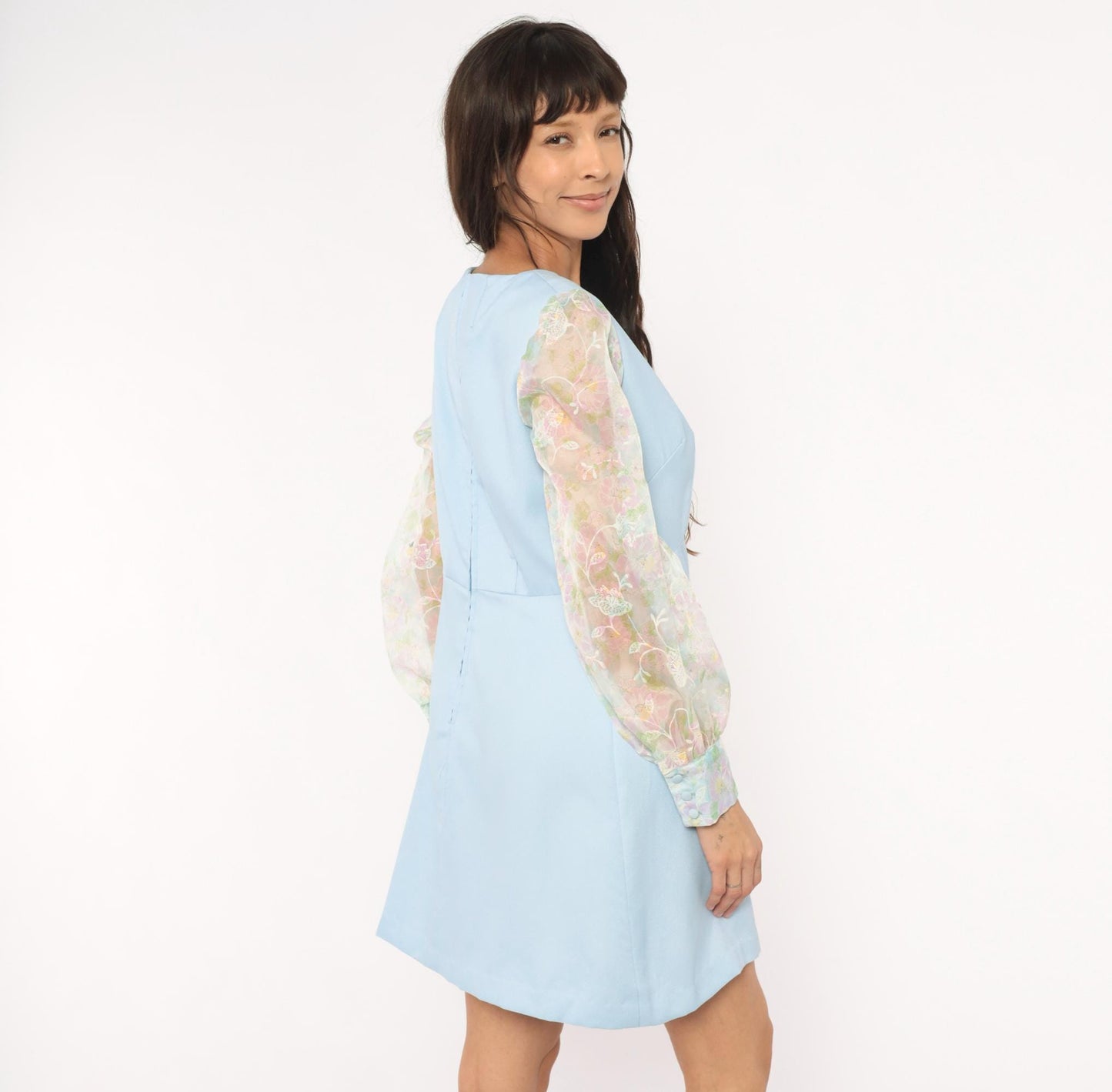 70s Sky Blue Mini Dress Sheer Floral Organza Bishop Sleeves Medium M