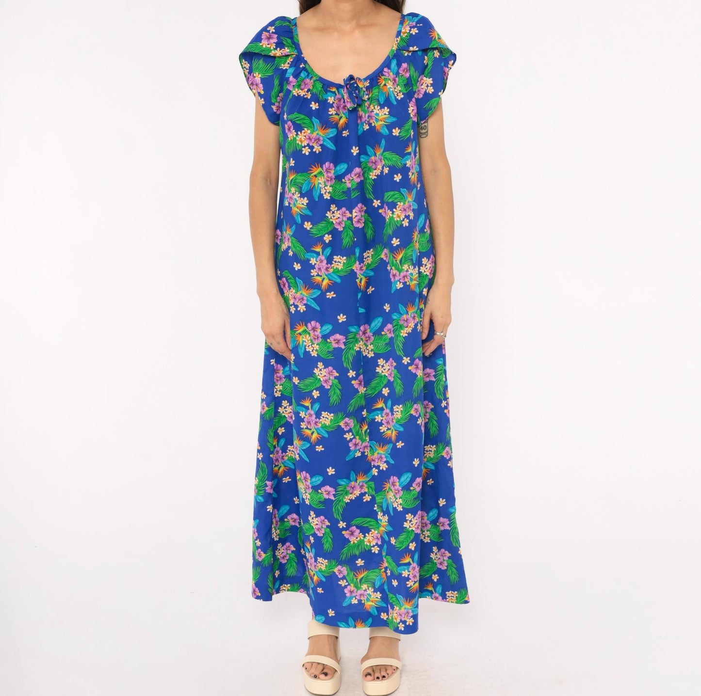 80s Hilo Hatties Hawaiian Maxi Dress Cobalt Blue Floral Palm Leaf Medium