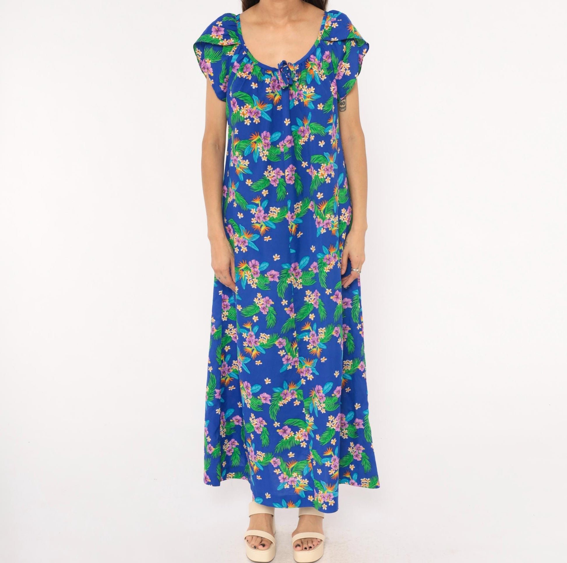 80s Hilo Hatties Hawaiian Maxi Dress Cobalt Blue Floral Palm Leaf Medium