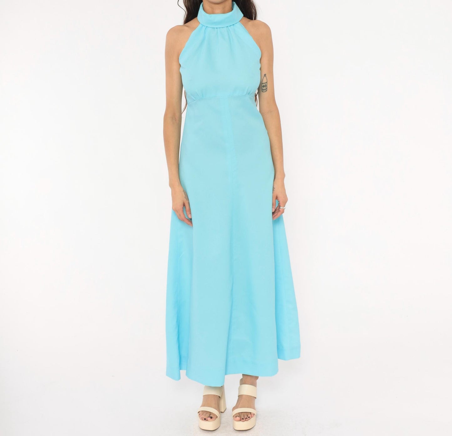 70s Sky Blue Halter Maxi Dress High Neck Sleeveless A-Line Small