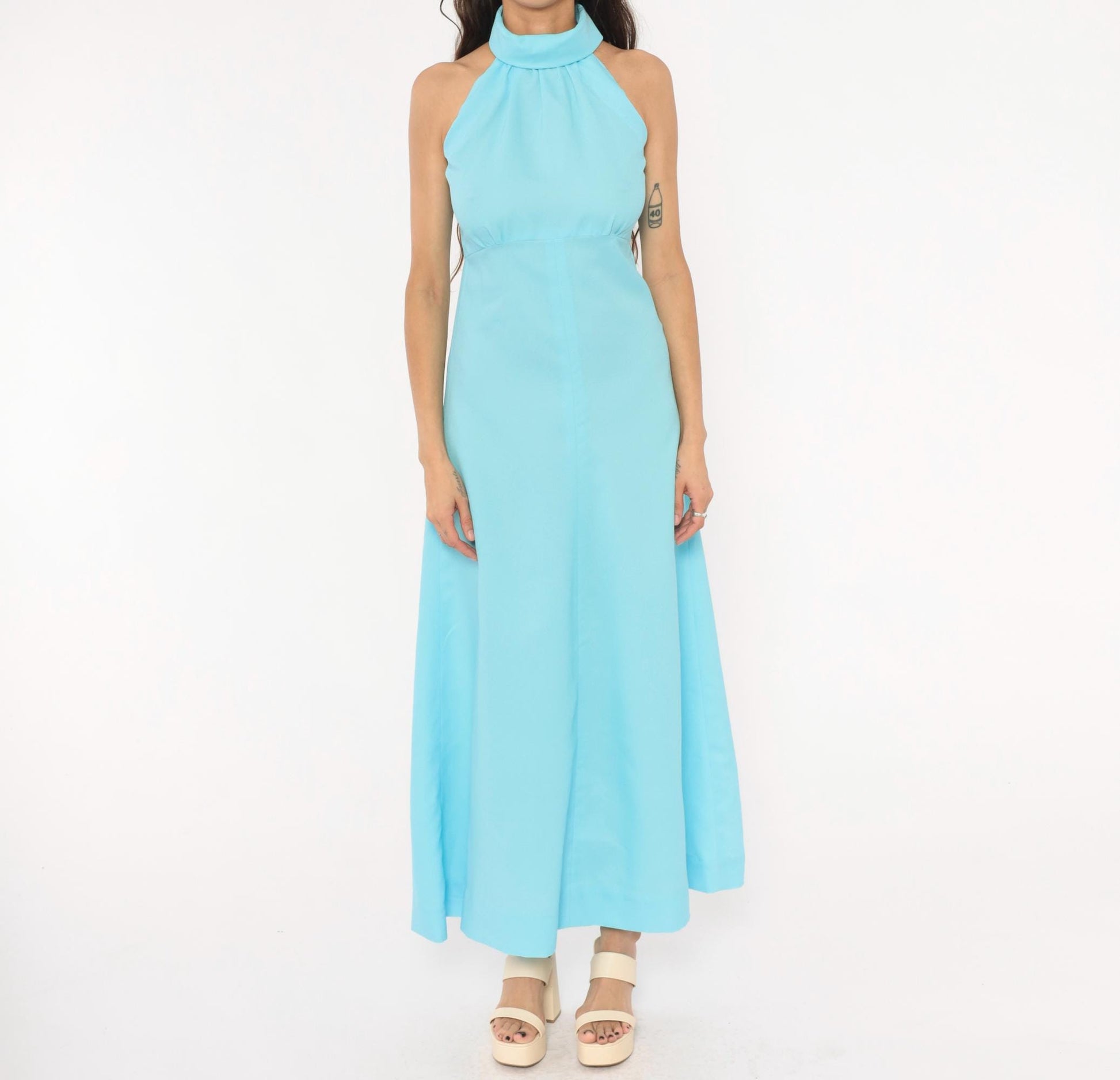 70s Sky Blue Halter Maxi Dress High Neck Sleeveless A-Line Small