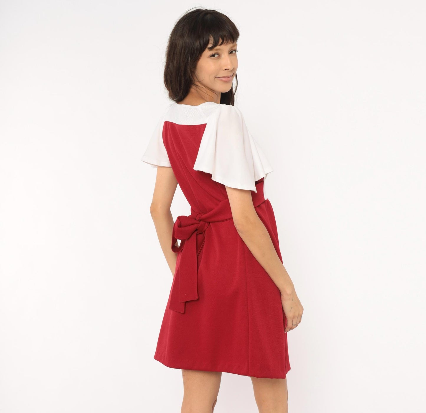 70s Burgundy Wine Mini Dress Ivory Bodice Puff Sleeve Square Neck Empire Waist Small