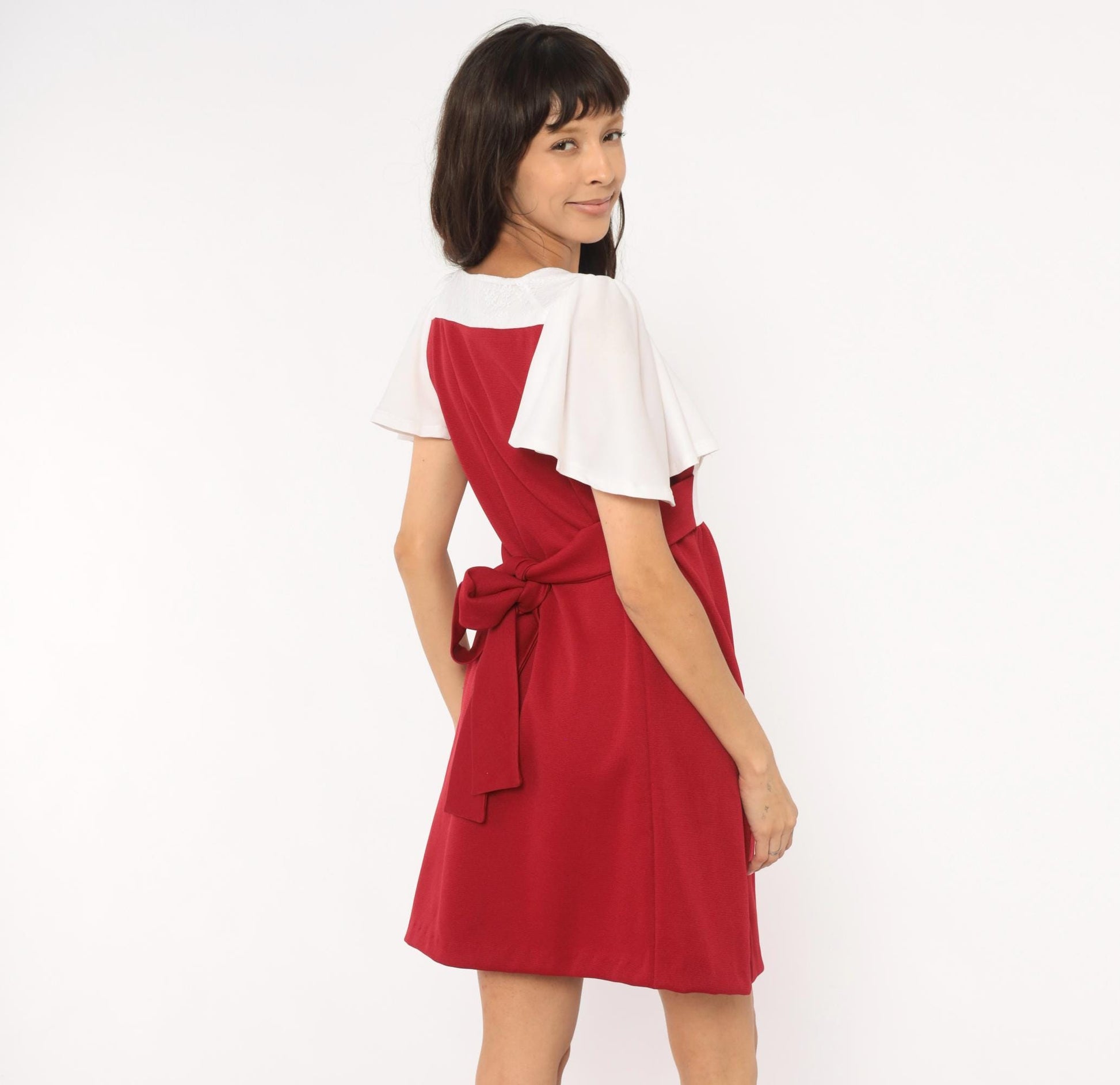 70s Burgundy Wine Mini Dress Ivory Bodice Puff Sleeve Square Neck Empire Waist Small